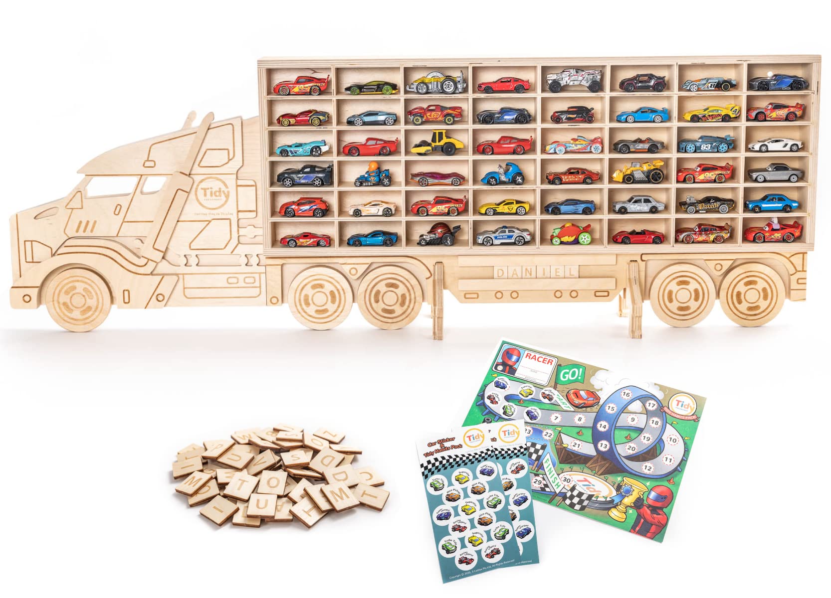 Wooden Toy Car Storage Organizer - Holds 48 Diecast Cars - Freestanding or Wall Mount Display Case for Matchbox & Hot Wheels - FSC Certified Wood with Cleanup Game - Kids Toy Storage for Ages 3+ - Perfect for Bedroom, Playroom & Gift Giving