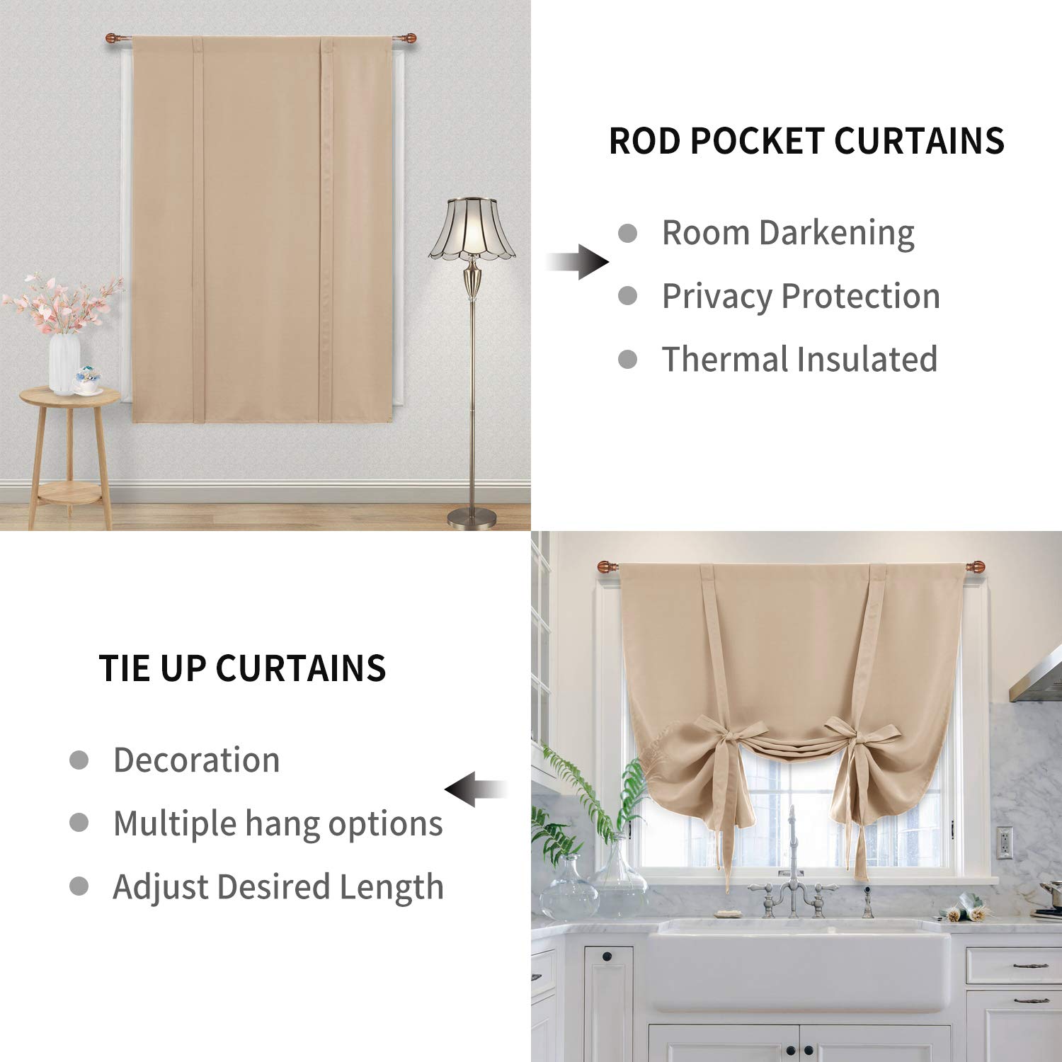 DWCN Blackout Curtains - Thermal Insulated Room Darkening Window Curtains with Rod Pocket & Tie-Up Shades, Beige (42x63 Inches, 1 Panel) - Perfect for Kitchen, Bedroom & Home Theater Light Control