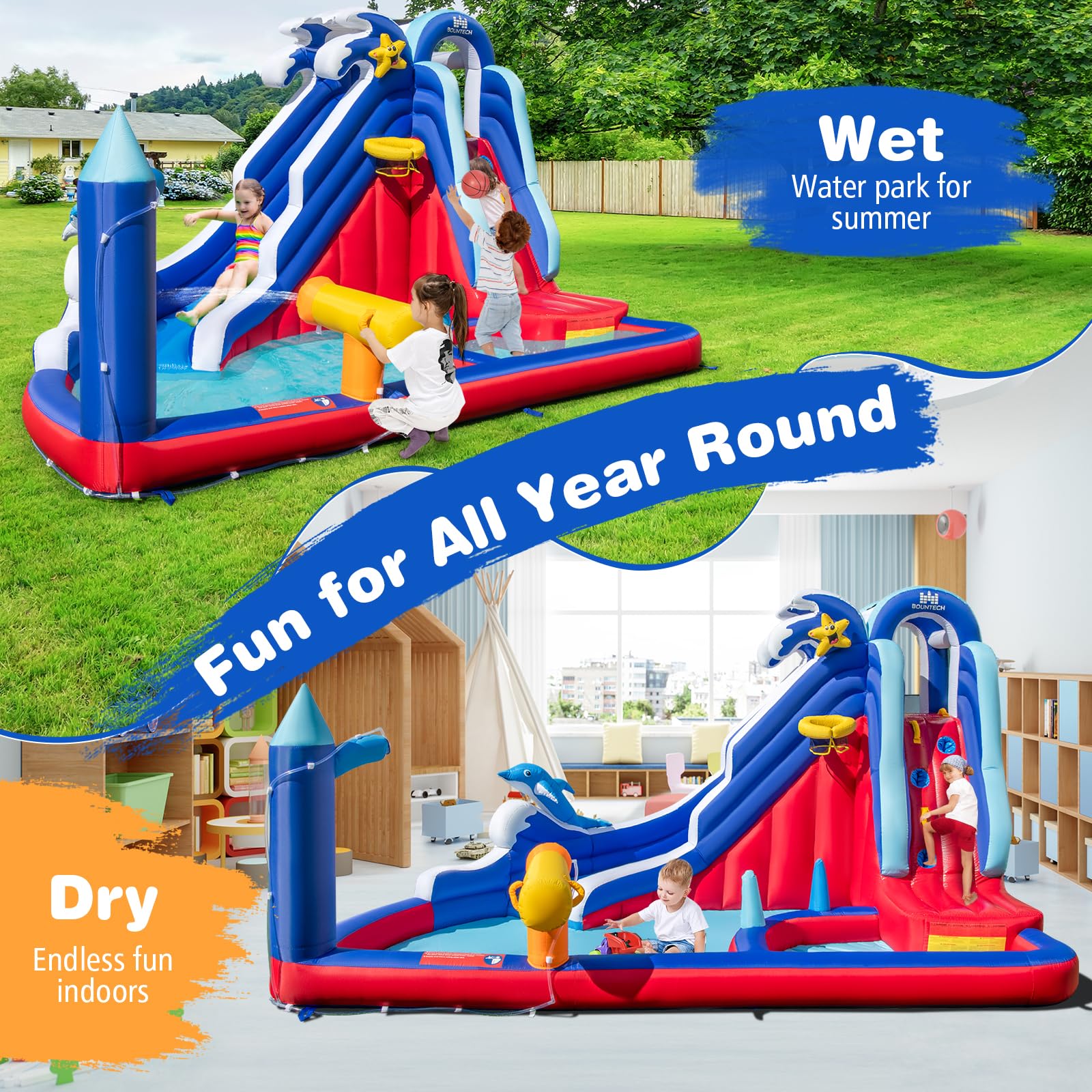 BOUNTECH Inflatable Water Slide with Dolphin Theme - Large Backyard Water Park for Kids & Adults, Includes Long Slide, Climbing Wall & Splash Pool - Perfect for Summer Parties, Outdoor Gatherings & Family Fun