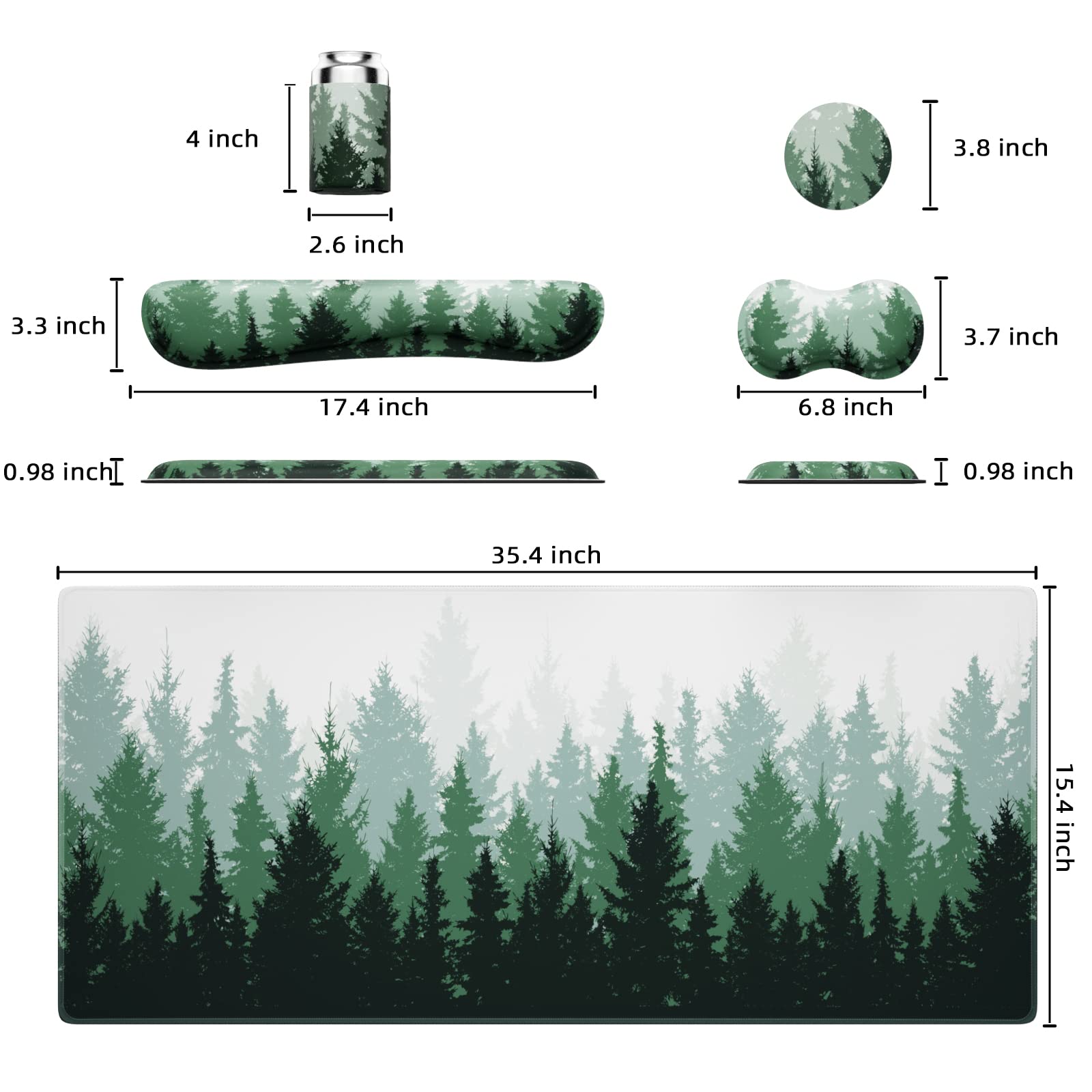 PULAIXIN 5-in-1 Ergonomic Gaming Keyboard and Mouse Pad Set with Wrist Support - Large 34.5x15.7 Inch Extended Desk Mat, Non-Slip Base - Green Forest Design for PC, Office & Gaming Setup