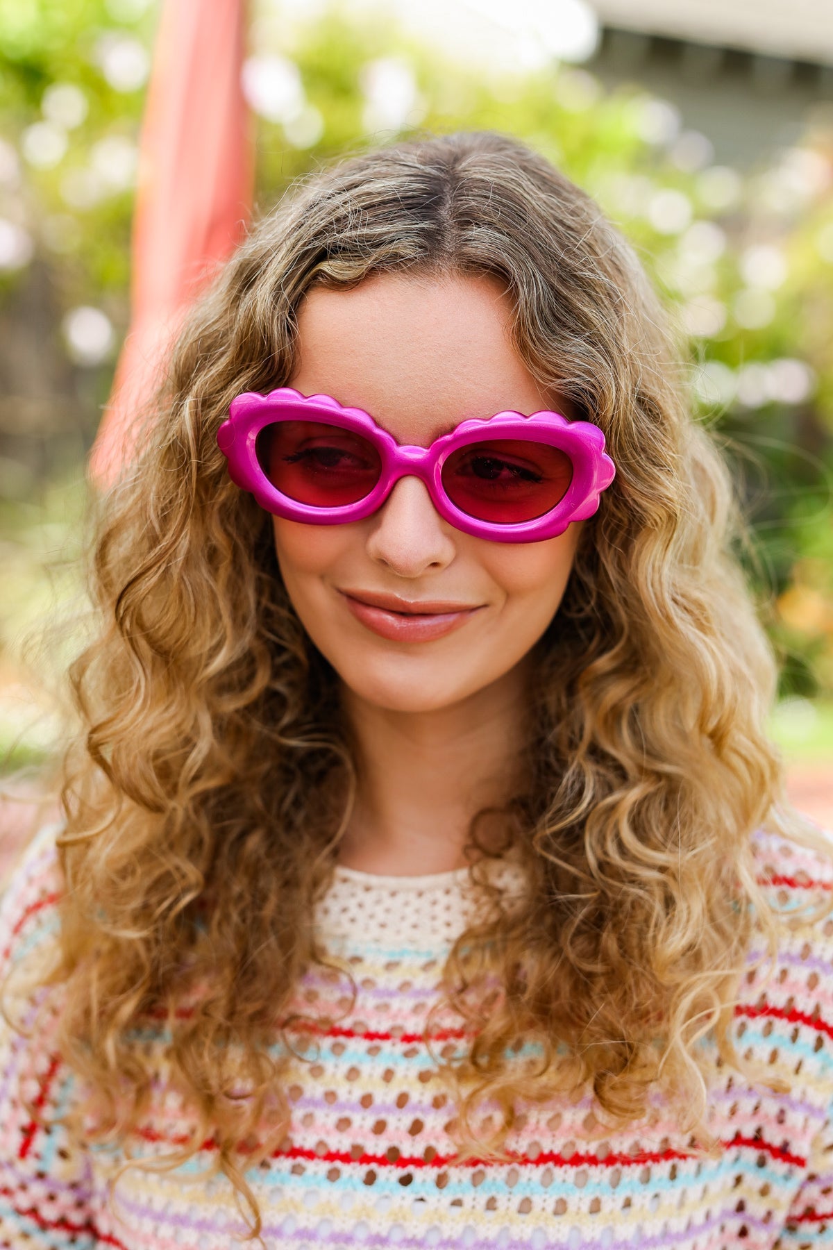 Fuchsia Oval Cat Eye Scalloped Sunglasses for Women - Vintage Retro Fashion UV Protection - Perfect for Beach, Driving & Summer Outfits