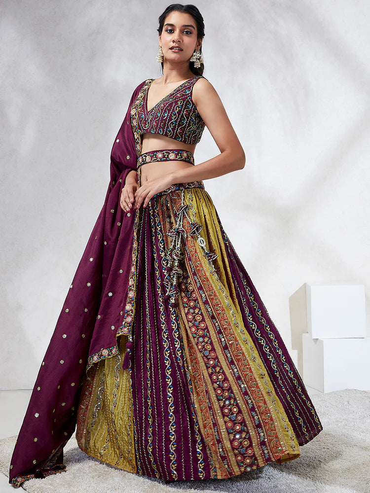 Burgundy & Mustard Yellow Embroidered Chiffon Lehenga Choli with Sequins - Indian Wedding Outfit, Festive Attire, Diwali Celebration Costume (D397)