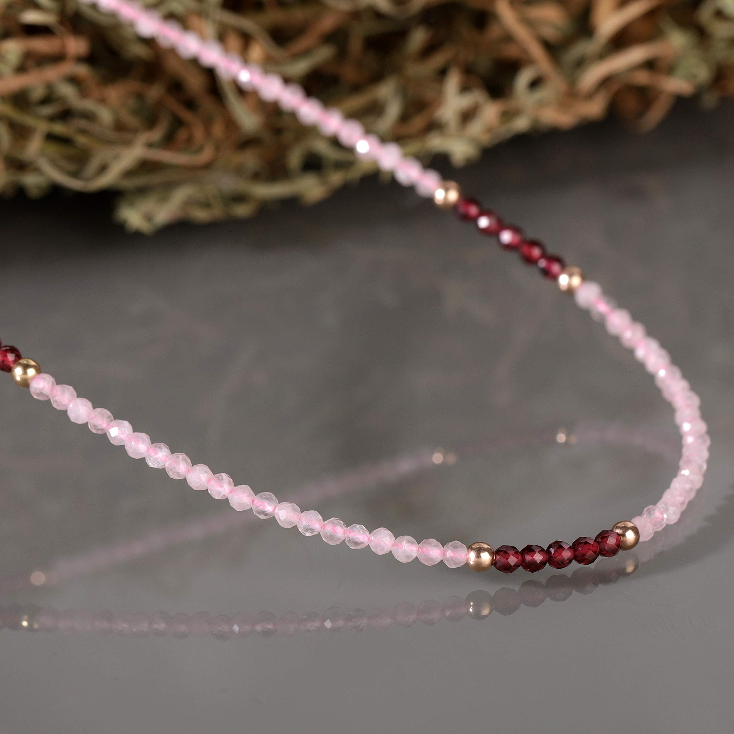Rose Quartz & Purple Garnet Beaded Stone Necklace - Sterling Silver with Rose Gold Plated Chain | Healing Crystal Jewelry for Meditation, Yoga & Spiritual Gifts