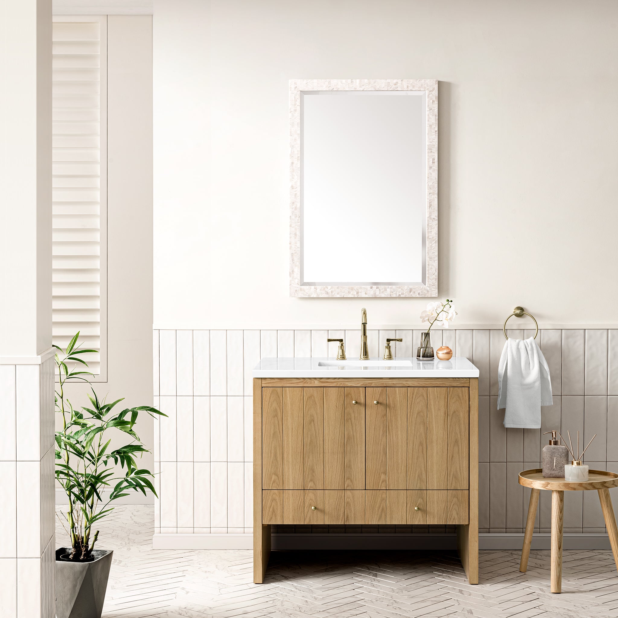 Hudson 36 Inch Single Bathroom Vanity with White Zeus Top - Light Natural Oak Finish - Modern Bathroom Storage Solution for Small Spaces