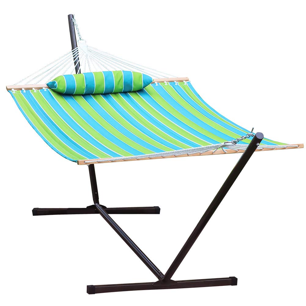 2 Person Heavy Duty Outdoor Hammock with Curved Spreader Bar & Pillow - Portable Hammock Stand for Garden, Backyard, Pool, Beach - Perfect for Relaxing, Camping & Vacation (Green Stripe)
