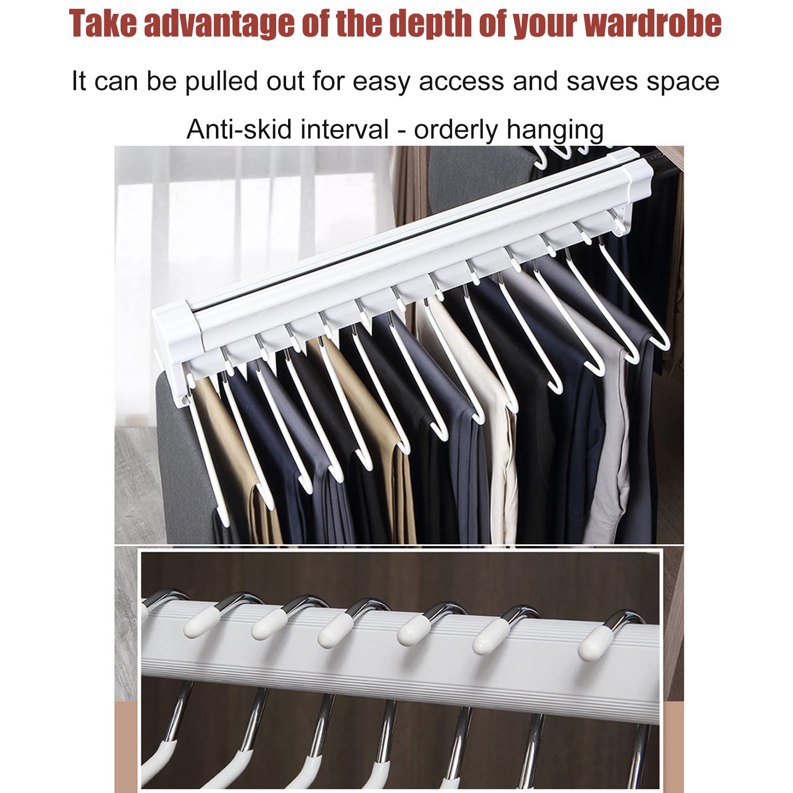 Adjustable Pull-Out Clothes Hanger Rail - Expandable Wardrobe Organizer for Pants, Jeans & Trousers | Space-Saving Closet Storage Solution for Bedroom, Dorm & Apartment