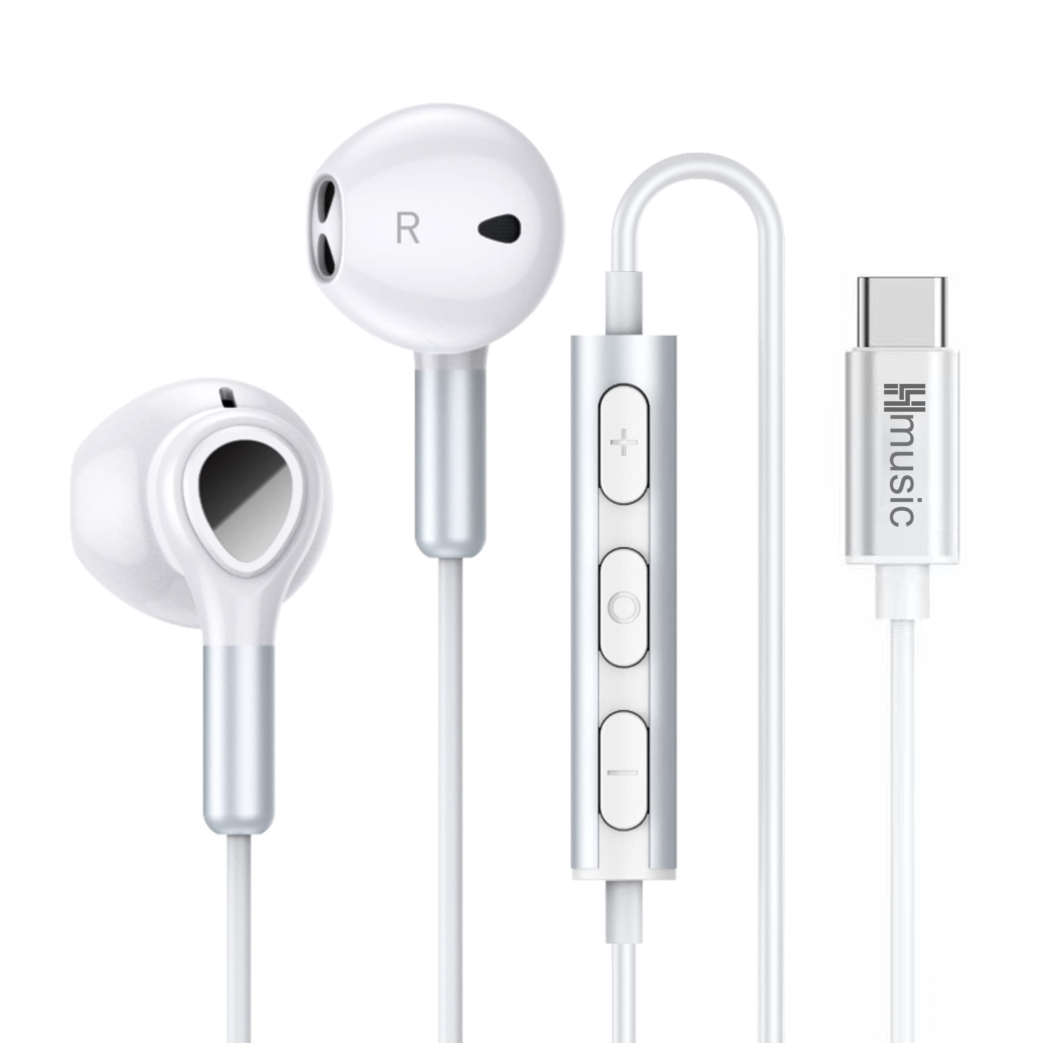 Hmusic USB C Headphones with Mic - Wired Type C Earphones, Magnetic In-Ear Earbuds with Volume Control - Compatible with Samsung Galaxy, Google Pixel, Xiaomi Android Phones (White) - Perfect for Commuting, Workouts & Gaming