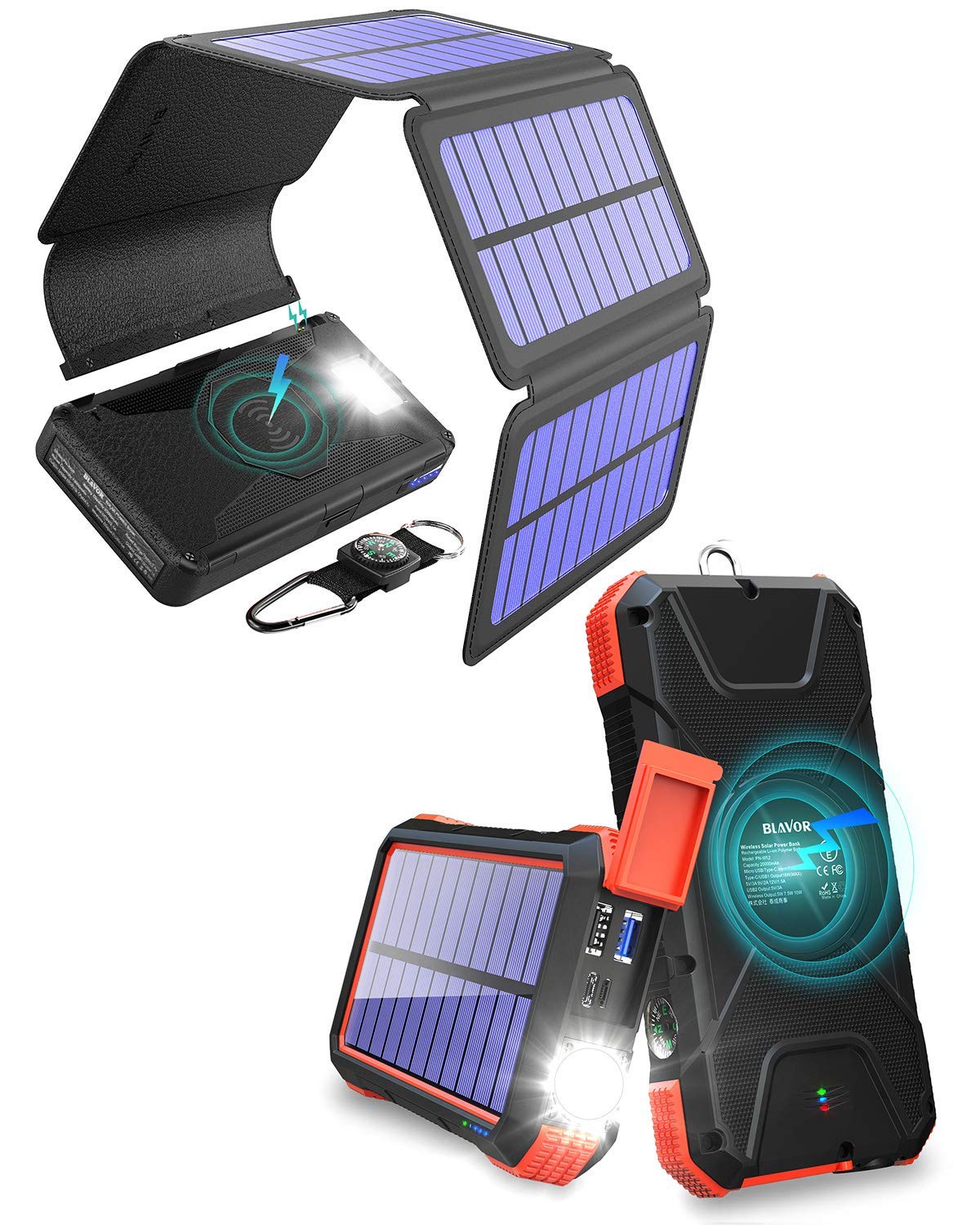 20,000mAh Solar Power Bank with PD Fast Charging & Wireless Charging - Portable Solar Phone Charger with Detachable Panels (Red/Black) - Perfect for Camping, Hiking, and Outdoor Emergency Power Supply