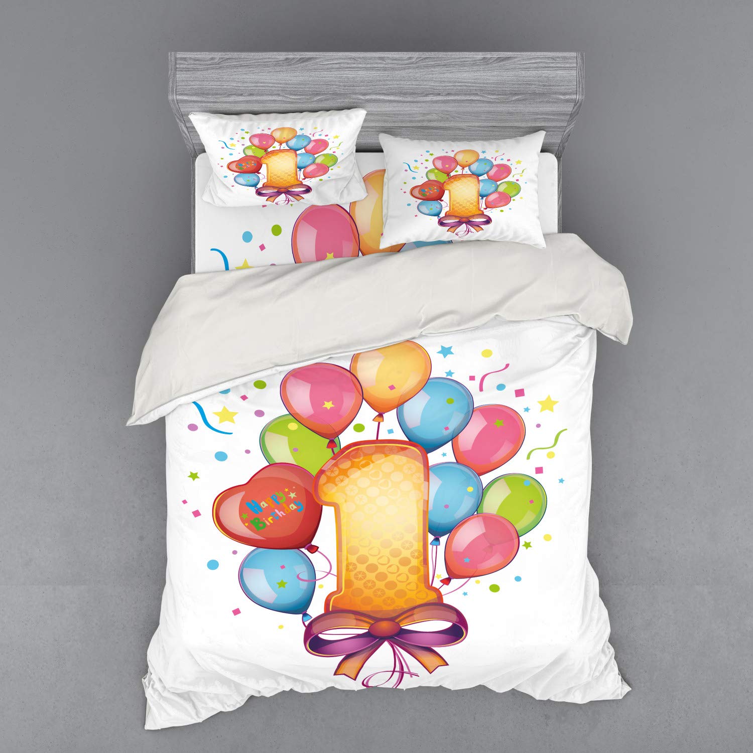 Ambesonne Vintage Theme 1st Birthday Bedding Set - 3 Piece Duvet Cover with Sham & Fitted Sheet, Queen Size, Colorful Balloons Stars Dots Design - Perfect for Baby's First Birthday Party Decorations & Nursery Room