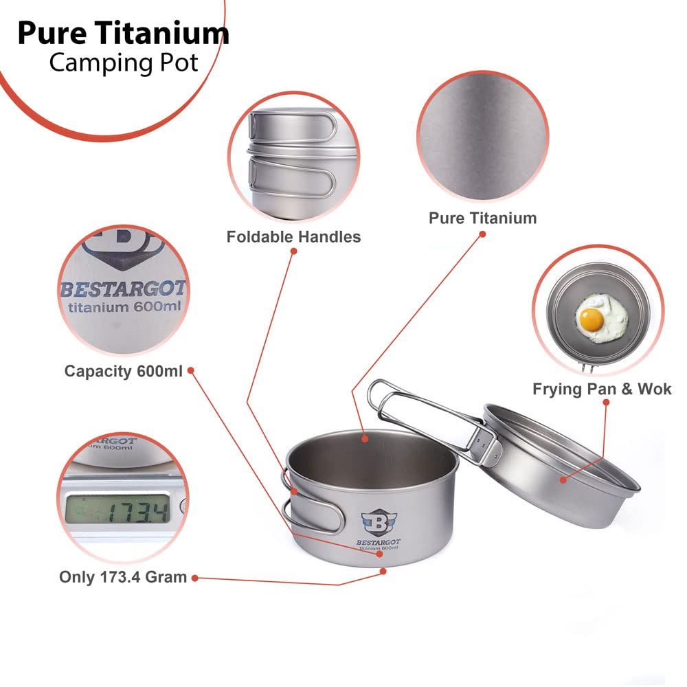 Bestargot 600ml Titanium Camping Pot with 350ml Frying Pan - Lightweight Cookware Set for Backpacking, Hiking & Outdoor Adventures