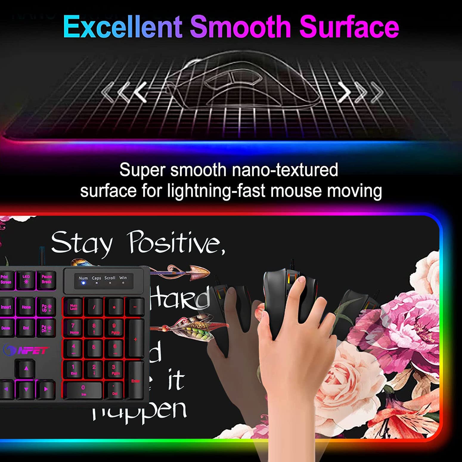 RGB Gaming Mouse Pad with LED Lights - Large Non-Slip Desk Mat for Keyboard & Mouse - Flower Peony Design 