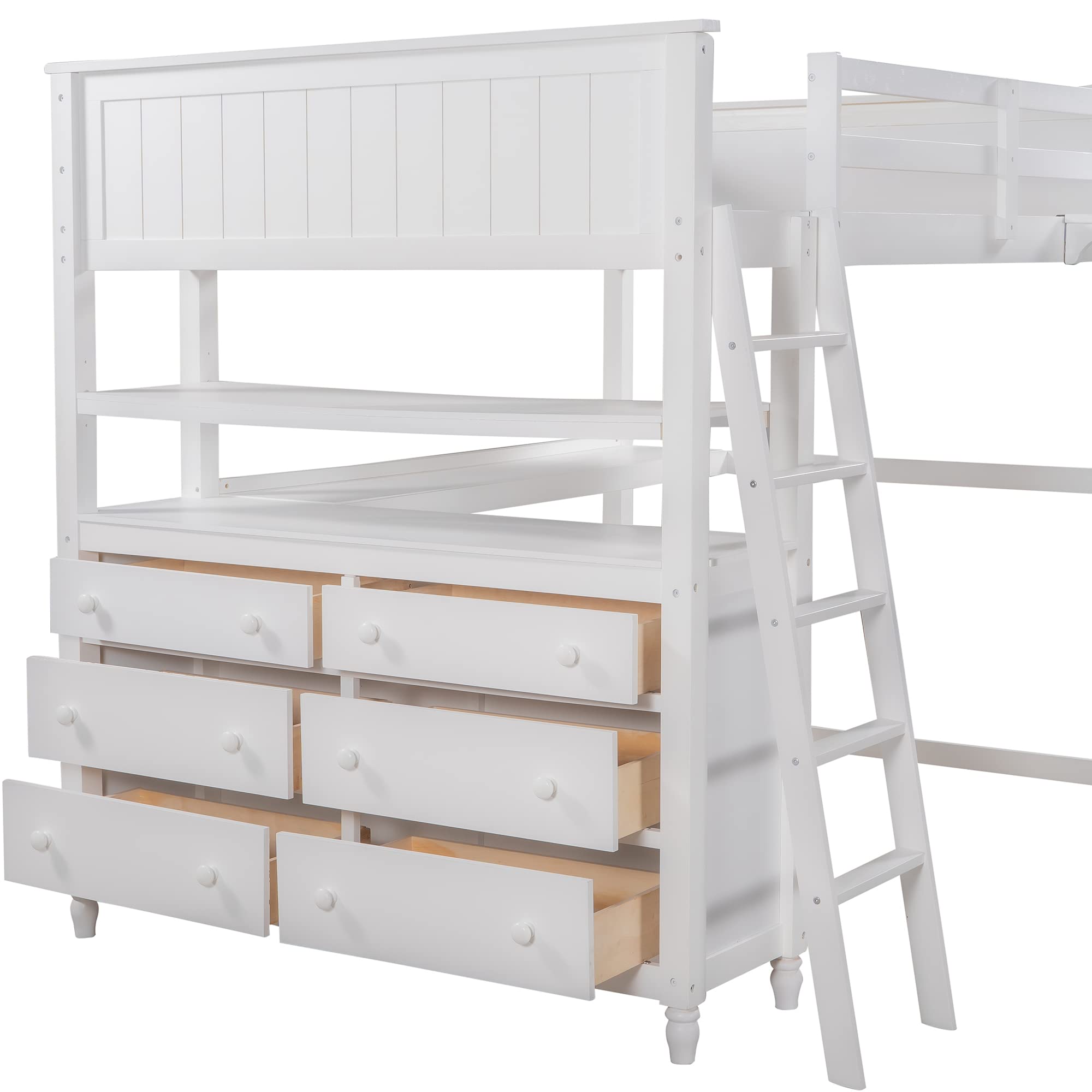 Modern Solid Pine Wood Full Size Loft Bed with Drawers, Desk & Shelves - Sturdy High Sleeper for Kids, Teens & Adults (White+A) - Perfect for Small Bedrooms, Dorms & Space-Saving Kids Rooms