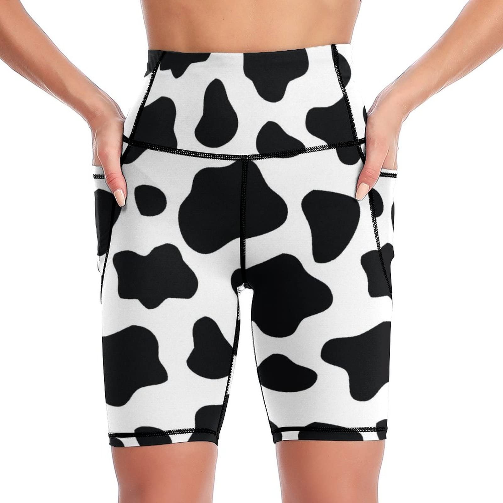Women's High Waisted Cow Print Yoga Shorts - Workout Running Biker Athletic Pants with Side Pockets (Size XL) | Perfect for Yoga, Gym, Running & Casual Wear