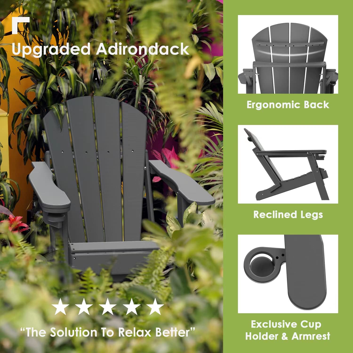 2-Pack Folding Adirondack Chairs with Cup Holders | Durable HDPE Plastic All-Weather Outdoor Furniture | Perfect for Backyard, Patio, Deck & Garden Relaxation by Fire Pit (Grey)