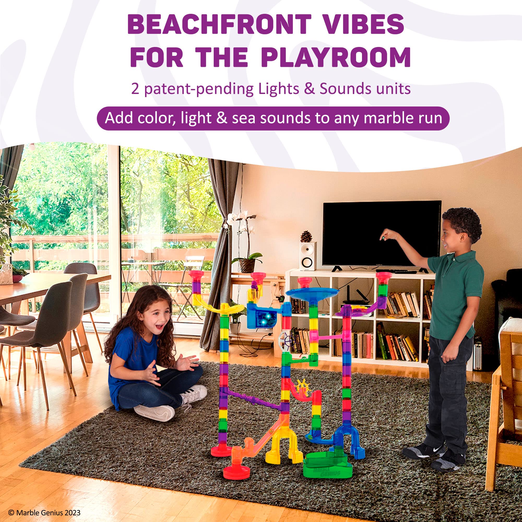Marble Genius Marble Run Lights & Sounds Accessory Set - 9 Ocean Sound Effects & 2 Flashing LED Lights | STEM Educational Toy for Kids Ages 3+ | Compatible with All Marble Genius Sets | Perfect for Sensory Play & Early Learning Activities (Light Blue Ocean Theme)