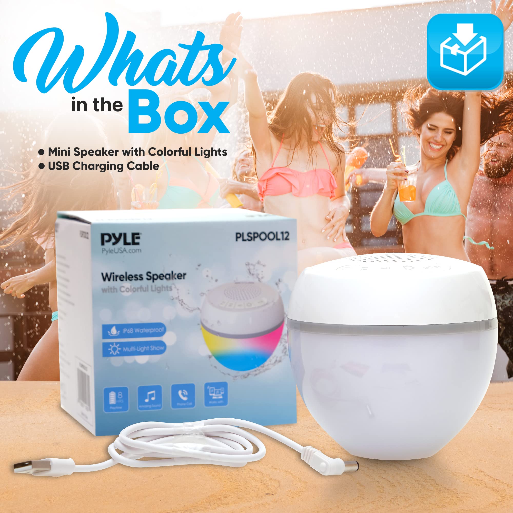PyleUsa IP68 Waterproof Floating Bluetooth Speaker with LED Lights, Portable Wireless Pool Speaker with Stereo Surround Sound, USB Rechargeable, 50 ft Range, Perfect for Pool, Beach, Shower, Hot Tub, Travel, and Outdoor Parties