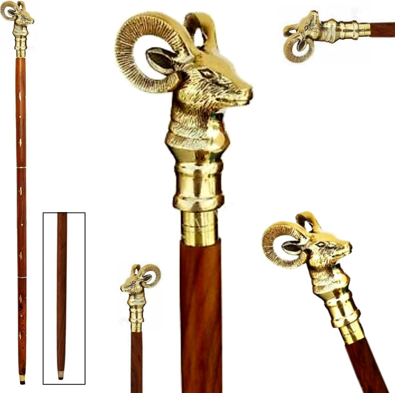 Vintage Brass Goat Head Walking Cane - Solid Wood Folding Cane Stick 36