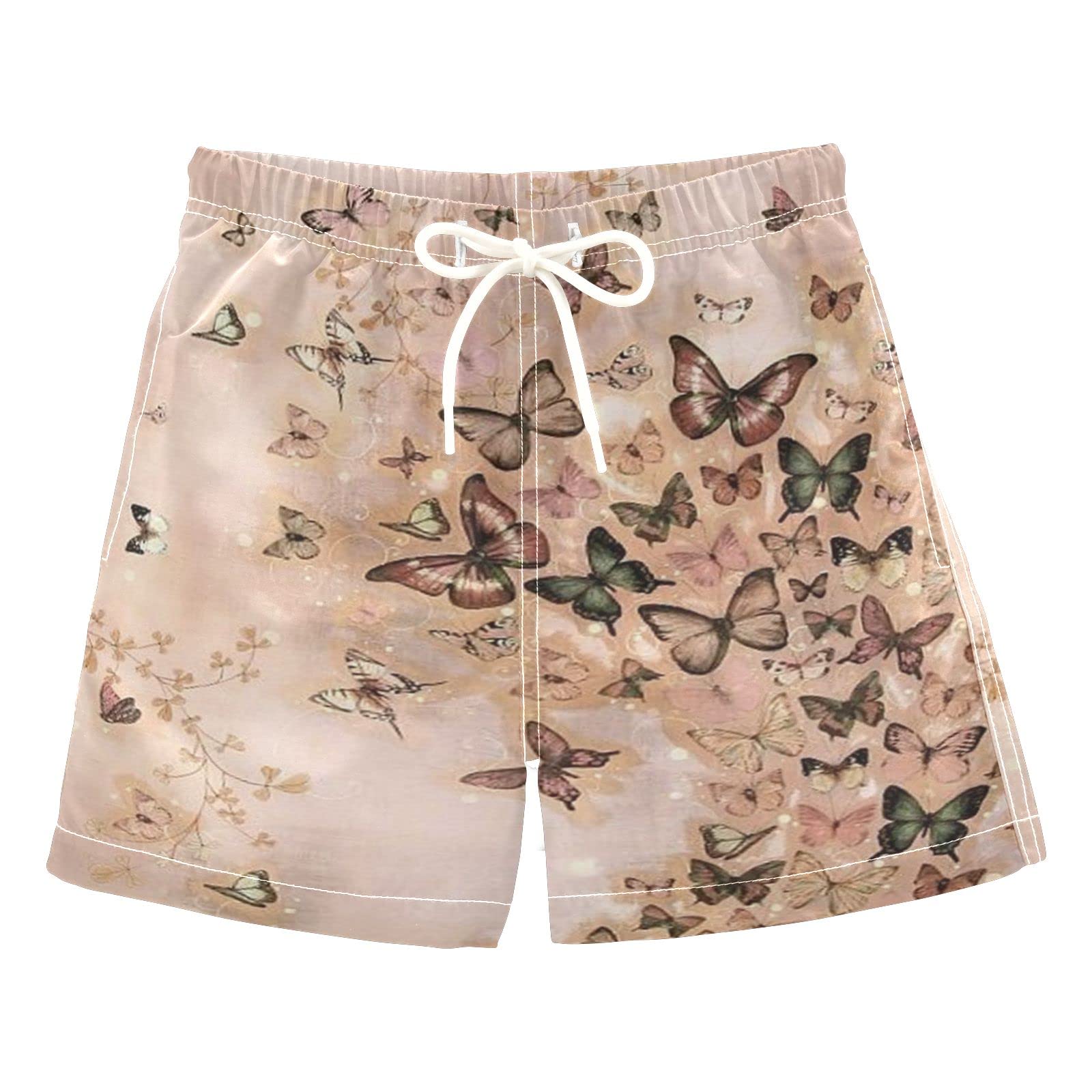 **Boys' Adjustable Drawstring Swim Trunks with Butterfly Print & Pockets - Quick-Dry Beach Shorts for Toddler, Pool & Water Play**