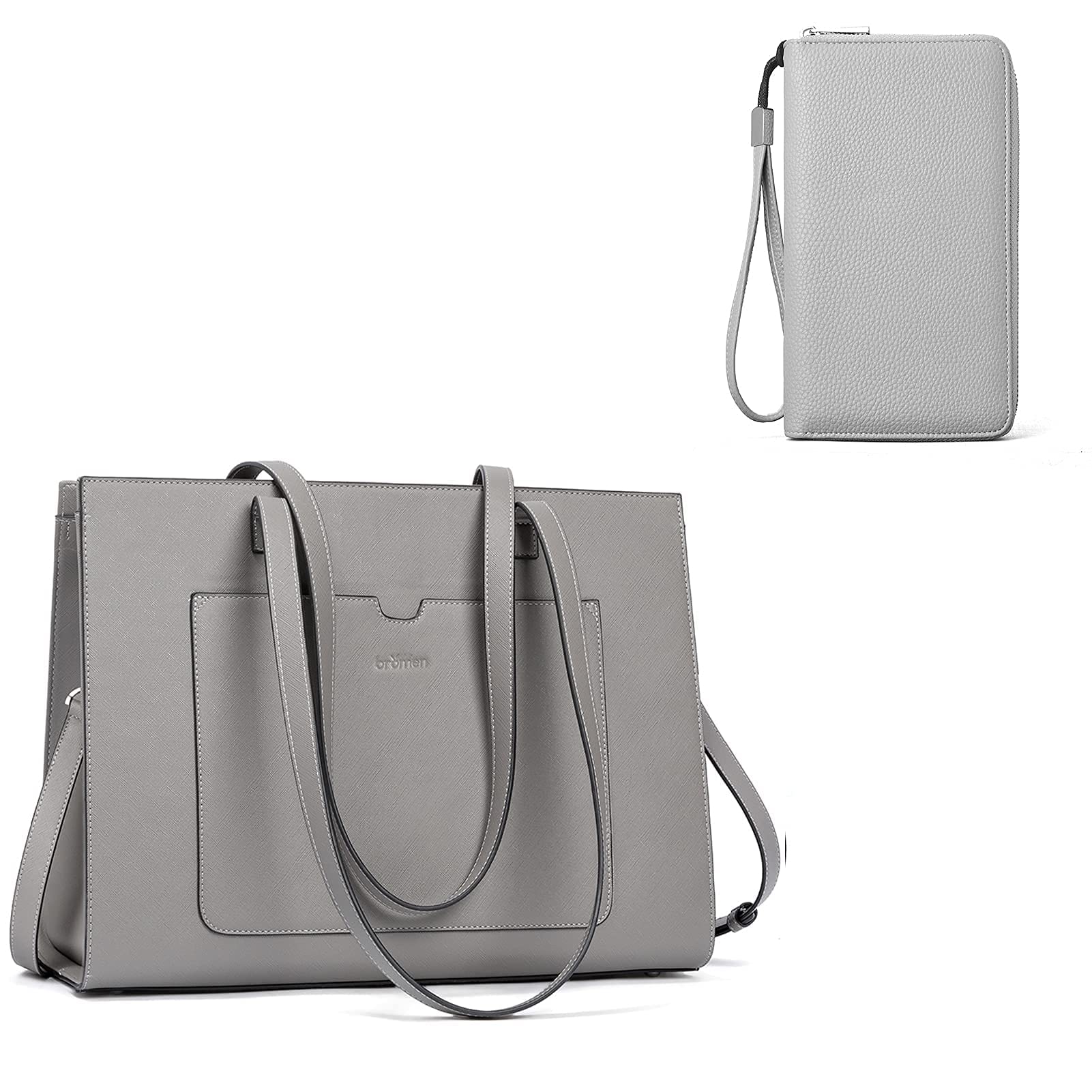 BROMEN Women's 15.6 Inch Laptop Tote Briefcase & Wallet Set in Grey - Perfect for Office, Business Travel, and Professional Work Accessories