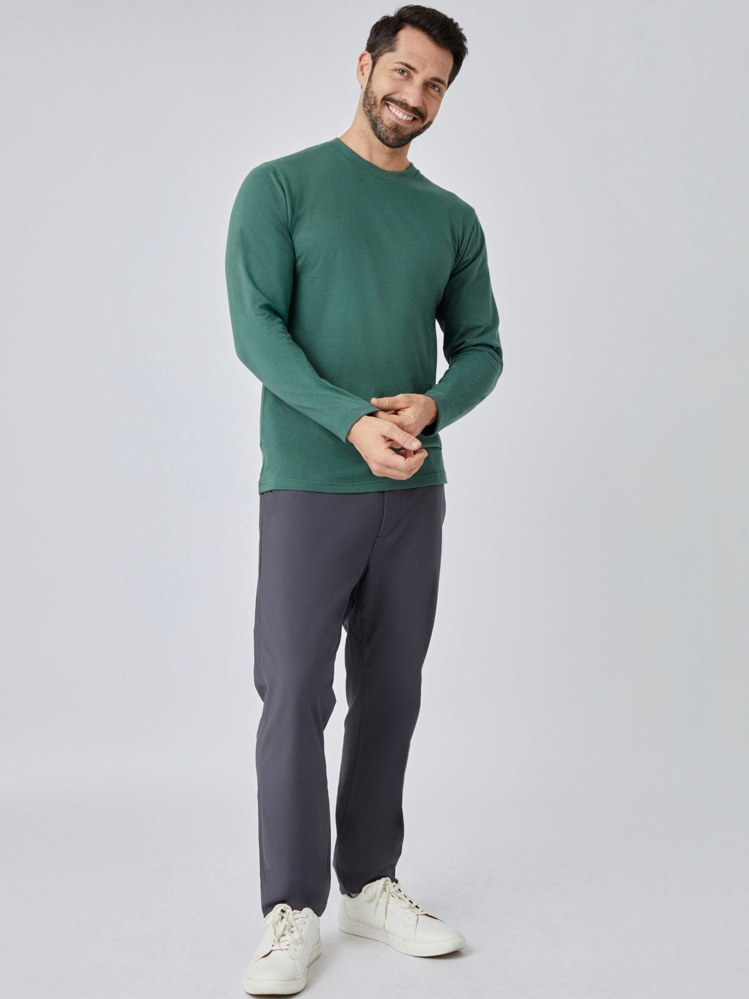 Alpine Green Long Sleeve Crew Neck T-Shirt for Men - Soft Cotton Casual Top - Perfect for Outdoor Activities & Daily Wear
