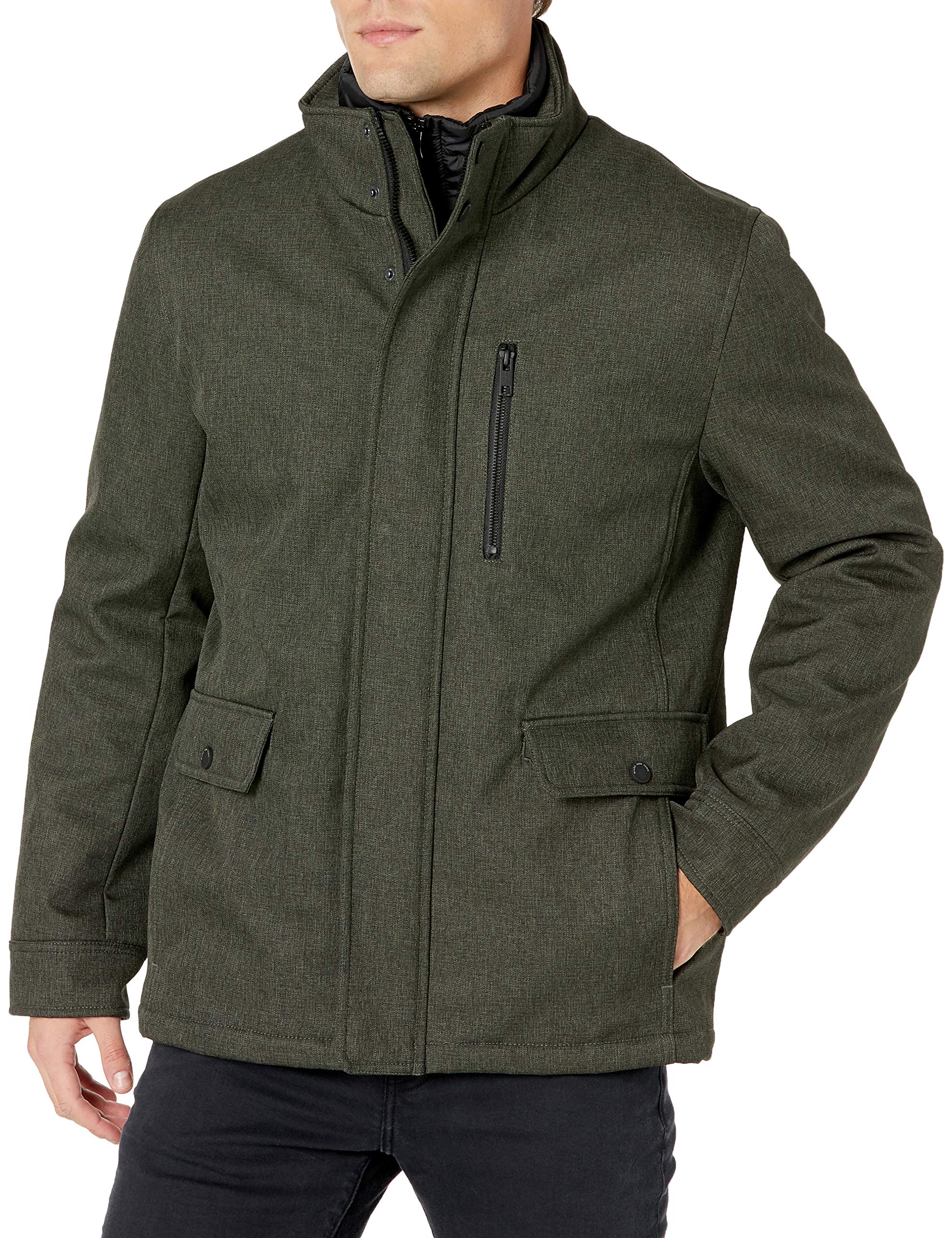 Andrew Marc Men's Legacy Mullins 30melange Tech Funnel Collar Jacket with Quilted Bib - Waterproof Winter Coat for Outdoor Activities, Hiking & Casual Wear