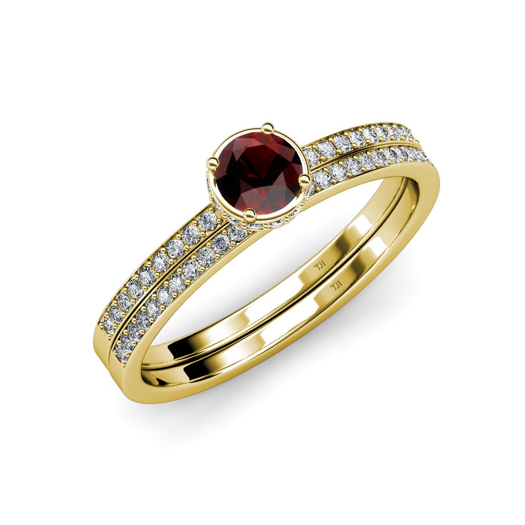 1.00ctw Red Garnet & Diamond Halo Engagement Ring and Wedding Band Set in 14K Yellow Gold - Perfect for Proposals, Anniversaries & Bridal Jewelry