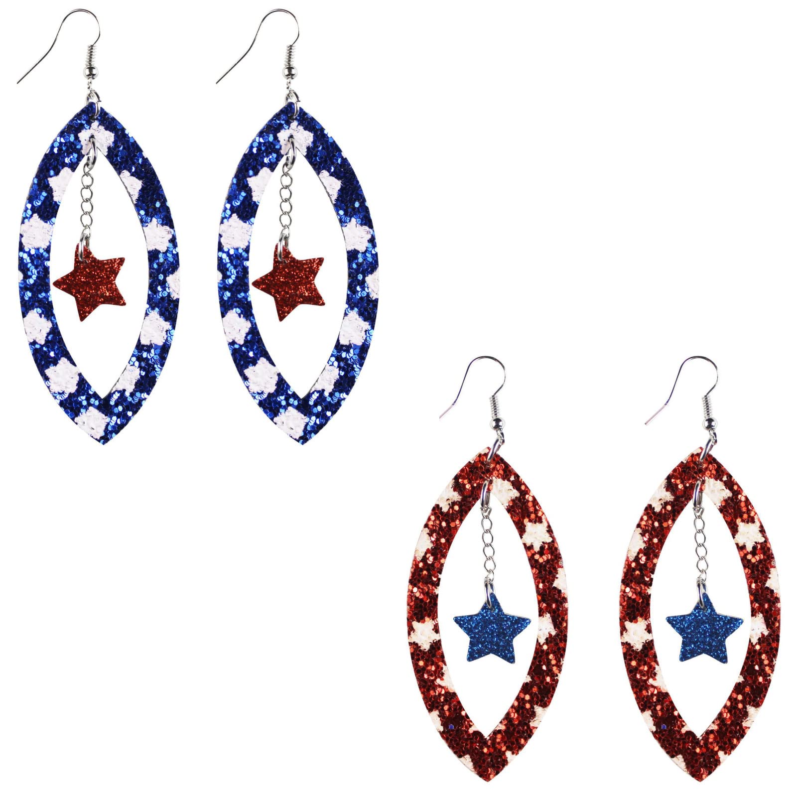 2 Pairs Patriotic Star & Flag Dangle Earrings - 4th of July Independence Day Jewelry for Women & Girls - Perfect for Parties, Festivals & Patriotic Events
