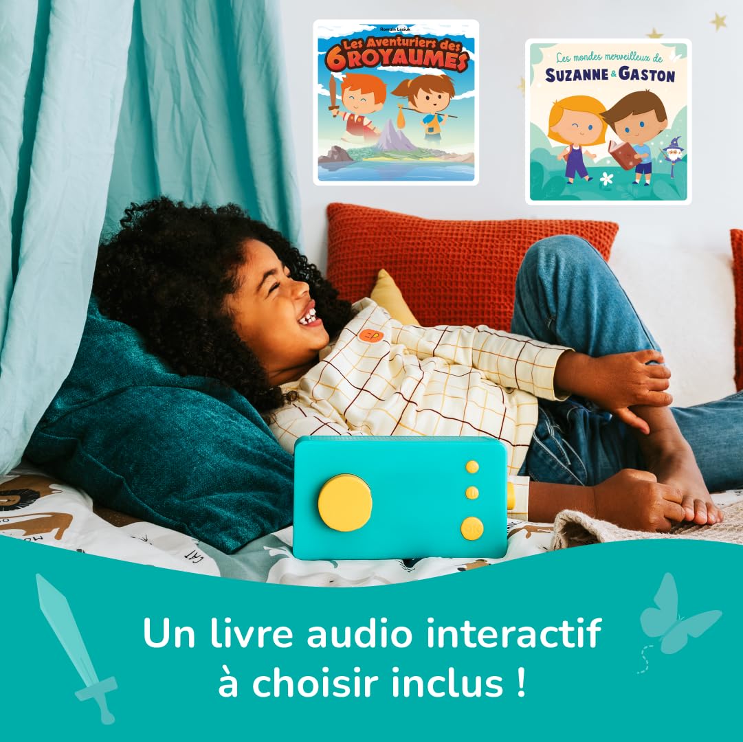 Lunii Travel Pack - Green My Fabulous Factory Storyteller Box with Octave Headphones - Interactive Audio Book for Kids with 24 Stories Included - Perfect for Road Trips & Bedtime Stories