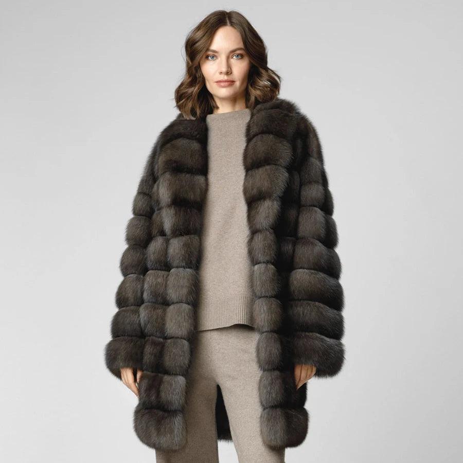 Luxury Women's Natural Fox Fur Long Coat - Warm Winter Outerwear for Fashion & Formal Occasions