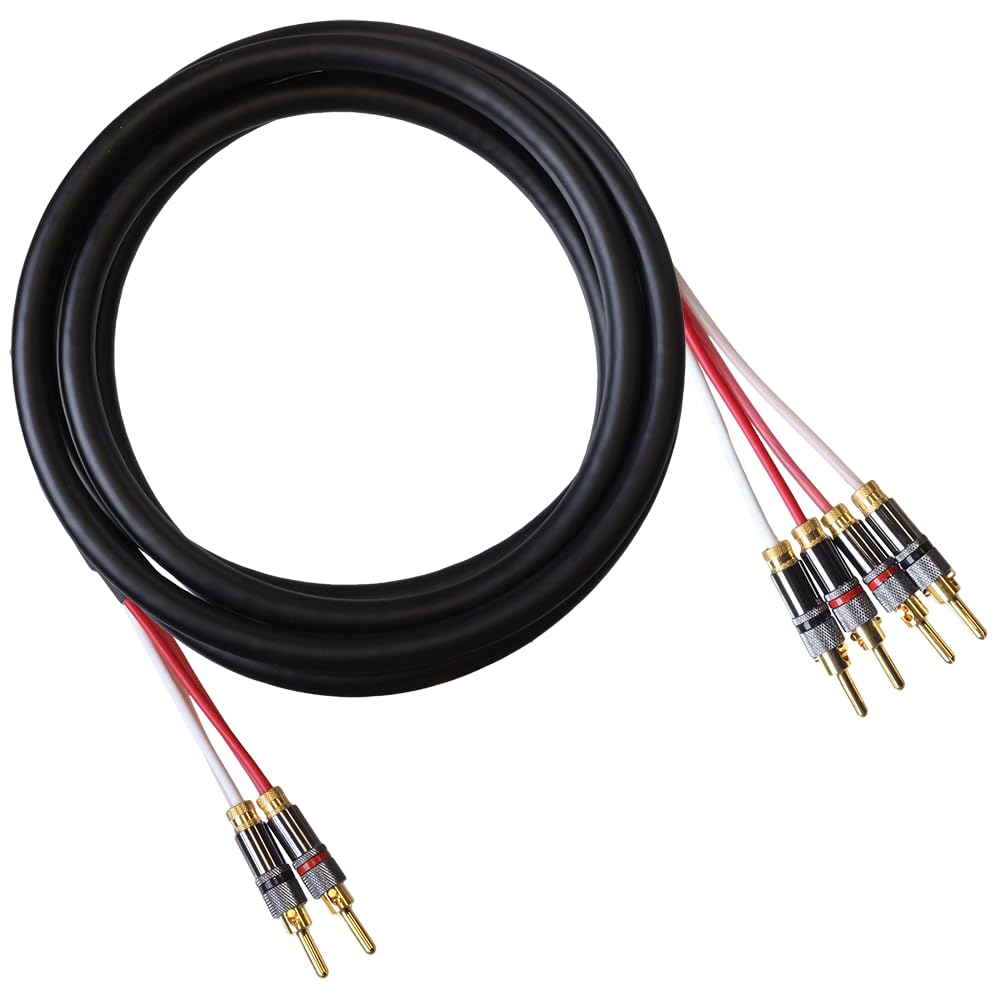 Premium Canare 4S11 Bi-Wire Speaker Cable - 10ft Blue Jeans Ultrasonically-Welded Banana Connectors (2x4) - Made in USA - Perfect for Home Theater & Hi-Fi Audio Systems