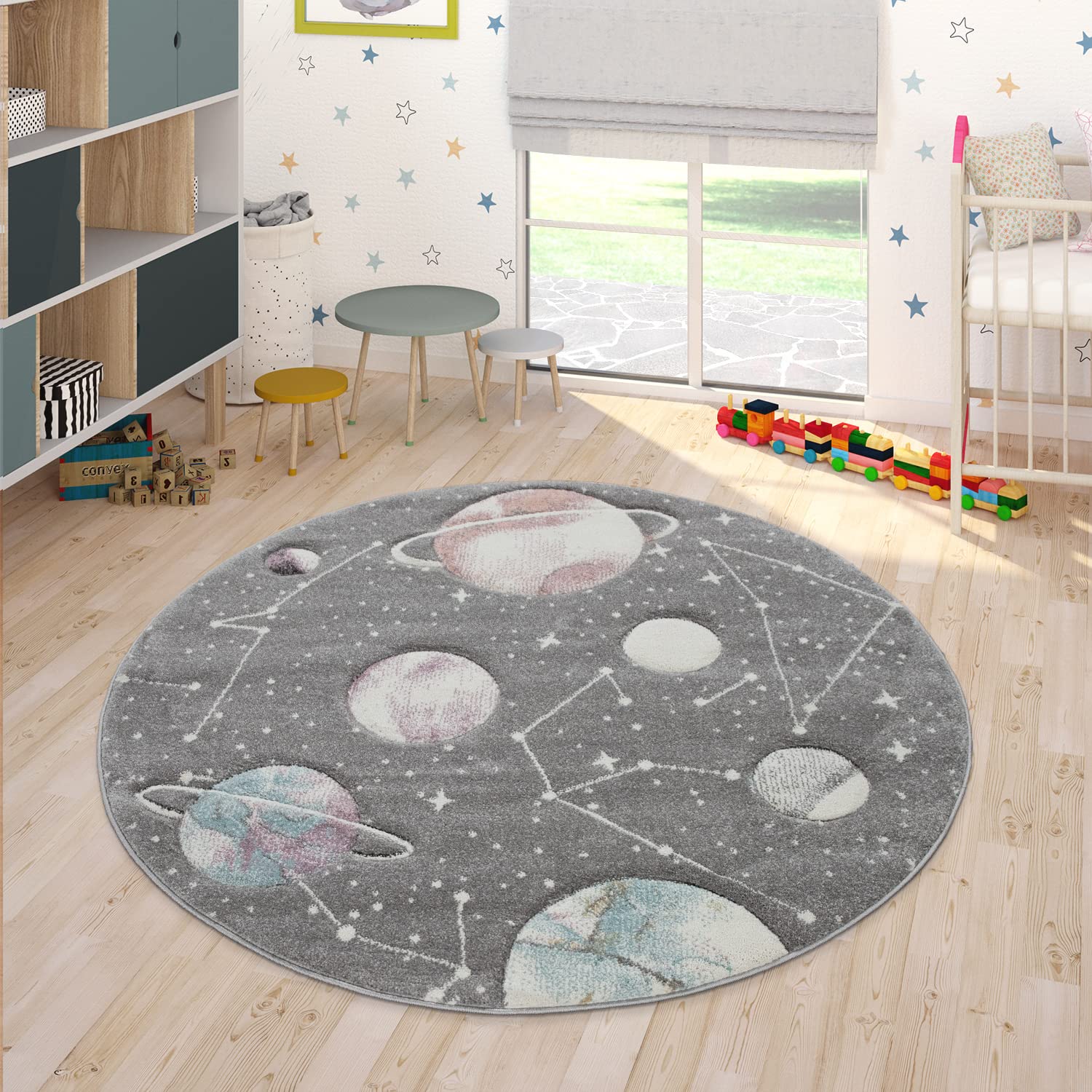 Paco Home Kids Play Rug - Space Galaxy Design with Planets and Stars, Soft Nursery Rug for Boys & Girls, 6'7