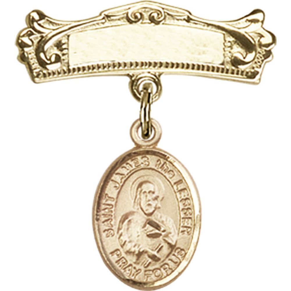 Gold Filled Baby Badge with St. James The Lesser Charm - 7/8 X 3/4 Inch Arched Polished Badge Pin - Perfect for Christening Gifts, Baby Showers & Religious Keepsakes