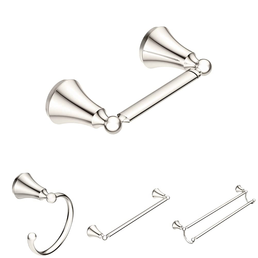Moen Wynford Double Post Pivoting Toilet Paper Holder YB5208NL, 18-Inch Towel Bar YB5218NL, 24-Inch Double Towel Bar YB5222NL, and Bathroom Hand Towel Ring YB5286NL in Polished Nickel - Perfect for Modern Bathrooms, Powder Rooms, and Guest Suites