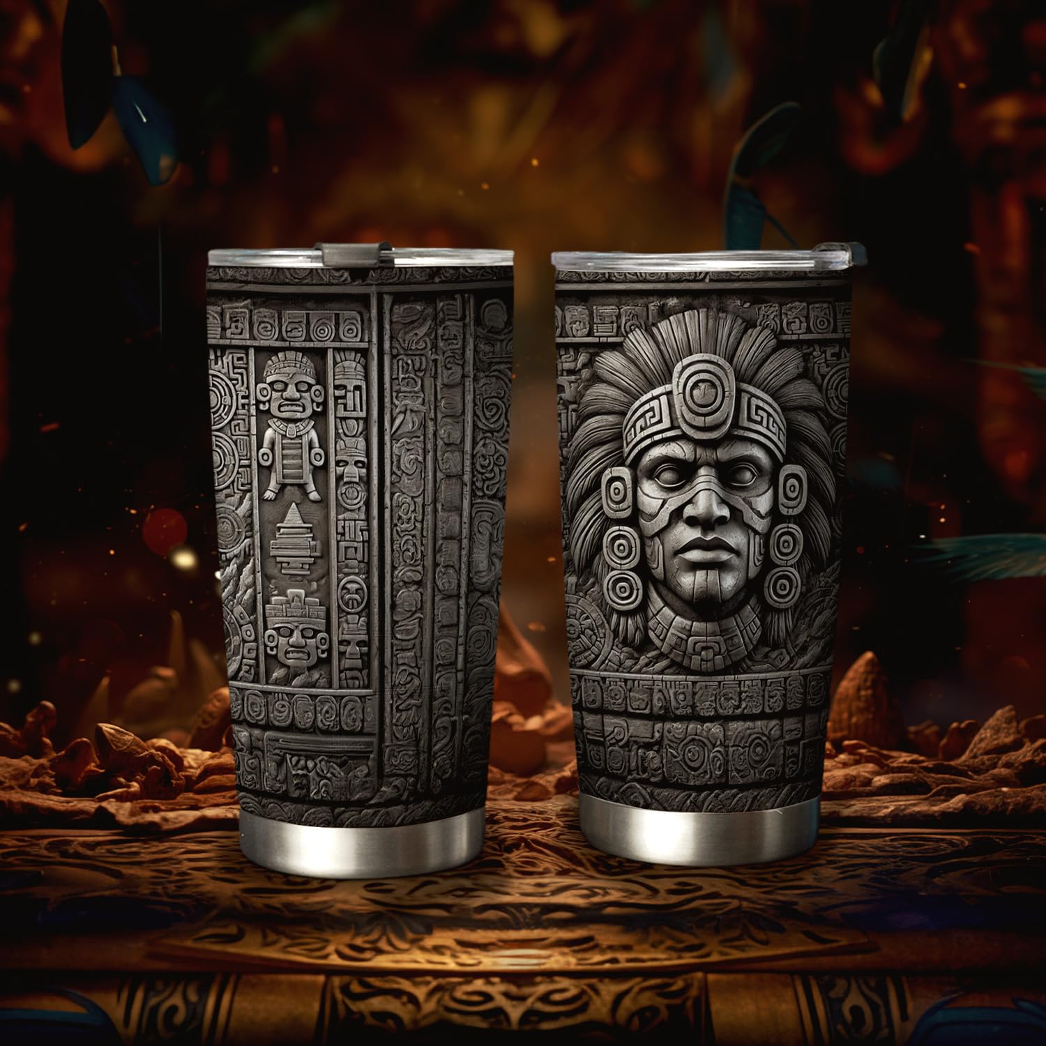 20oz Mexico Aztec Warrior Tumbler - Stainless Steel Double Wall Vacuum Insulated Coffee Mug with Lid - Mexican Gifts for Men - Mayan Aztec Printed Metal Travel Cup - Perfect for Coffee, Tea & Hot/Cold Drinks on the Go, Office, Camping & Outdoor Adventures