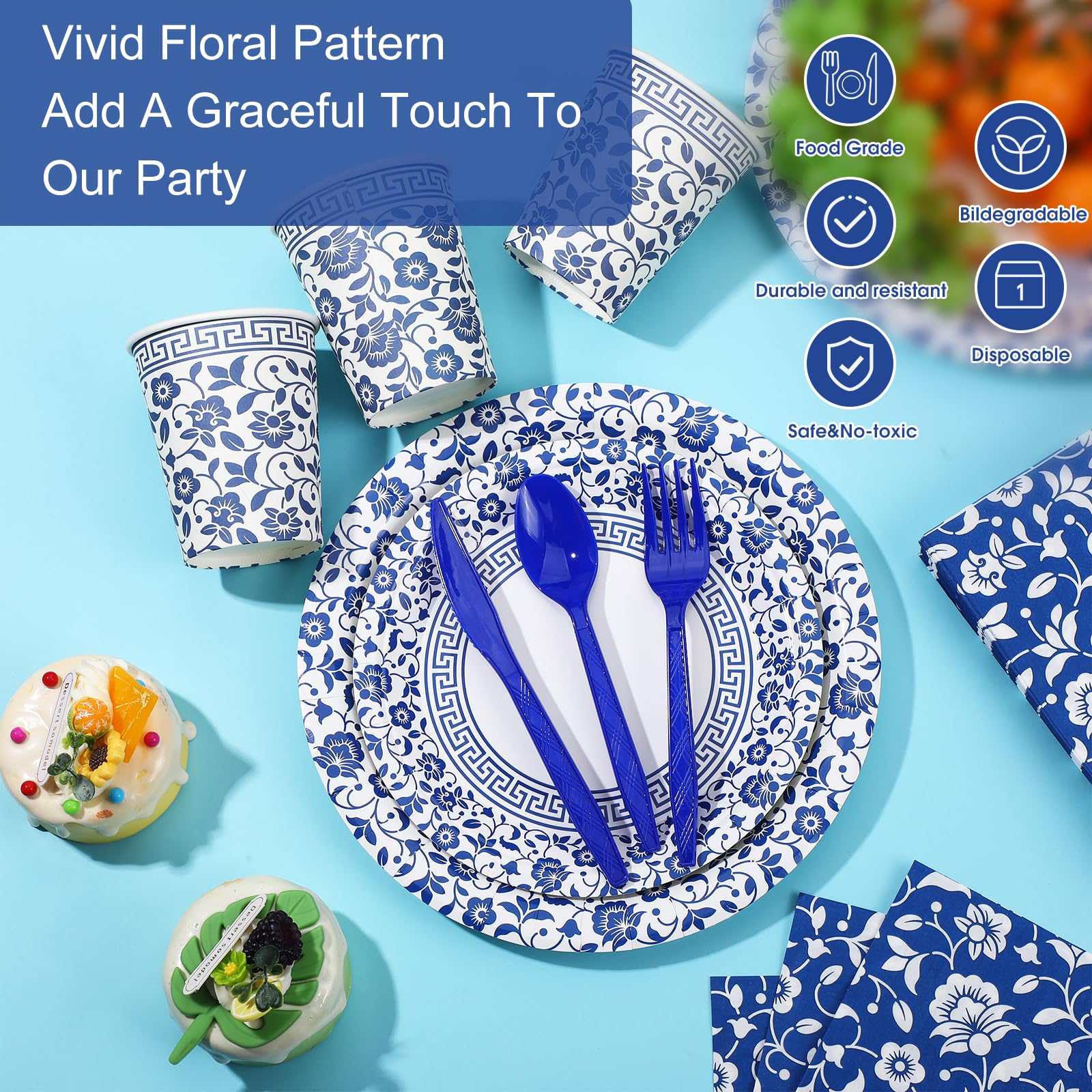 225 Pcs Blue and White Floral Disposable Tableware Set - 9 & 7 Inch Elegant Paper Plates, Cups, Straws, Napkins with Cutlery for 25 Guests | Perfect for Bridal Showers, Weddings, Birthday Parties & Elegant Events