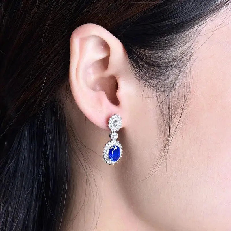 14K White Gold Genuine Blue Sapphire & Diamond Earrings for Women | Wedding, Anniversary, Party Jewelry Gift | Elegant Everyday Wear & Special Occasion Accessories