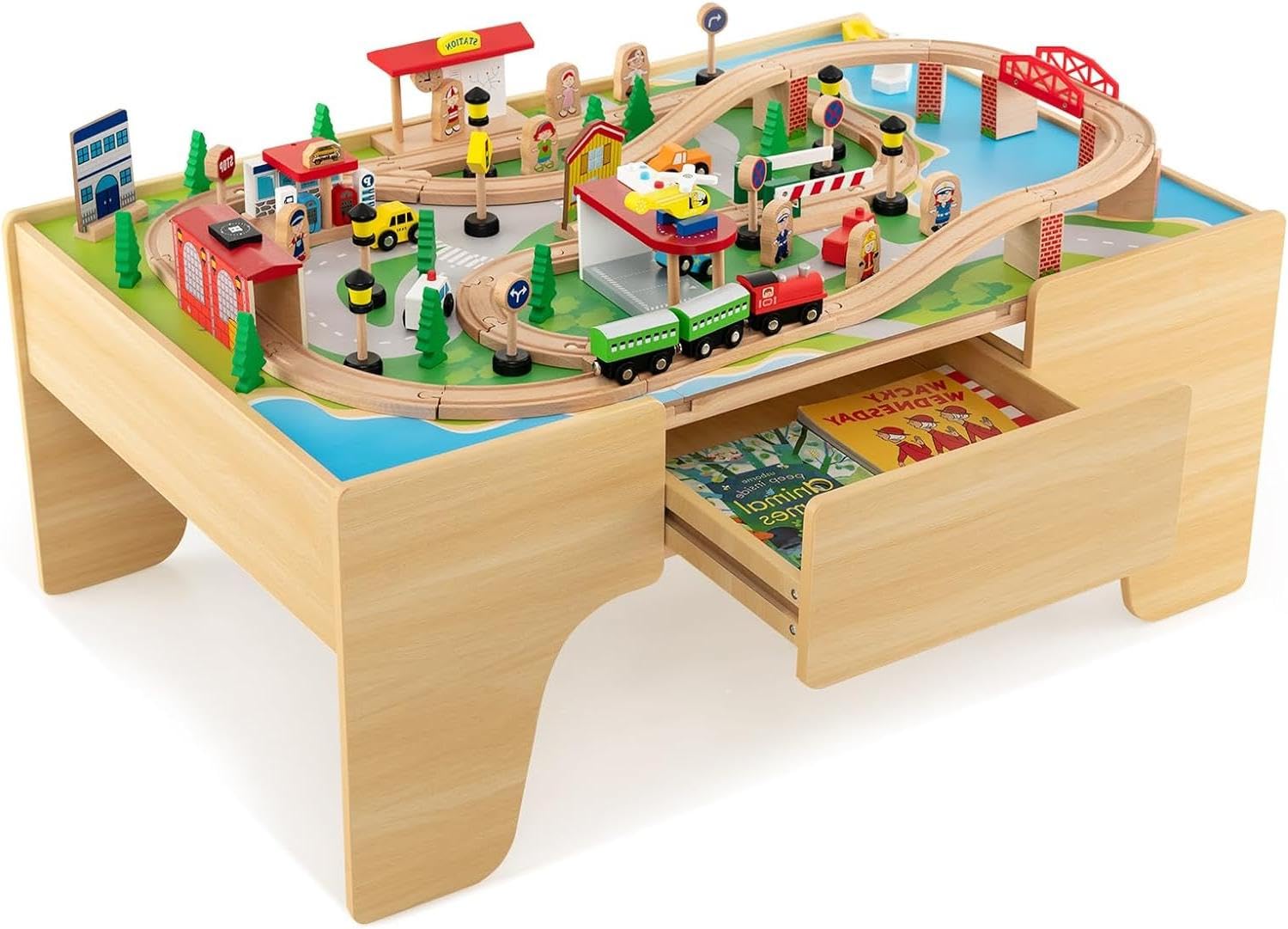 Costzon 3-in-1 Wooden Train Table Set with 84 PCS Reversible Tracks, Table Map & Storage Drawer - Kids Activity Table for Building, Playing & Learning - Perfect for Toddlers Age 3+ in Playroom, Daycare or Homeschool