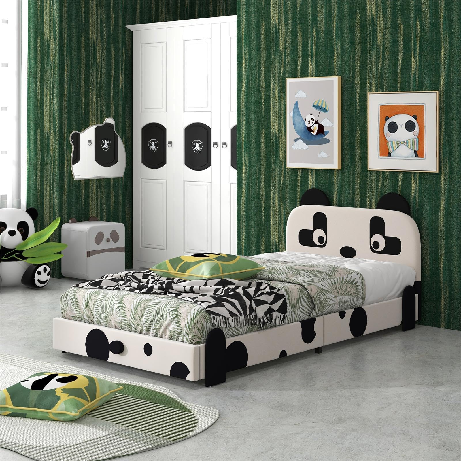 Costzon Twin Bed Frame for Kids - Sturdy Metal Platform with Slat Support & Padded Headboard, No Box Spring Needed, Easy Assembly (Cute Panda Design) | Perfect for Kids' Bedroom, Guest Room & Small Spaces