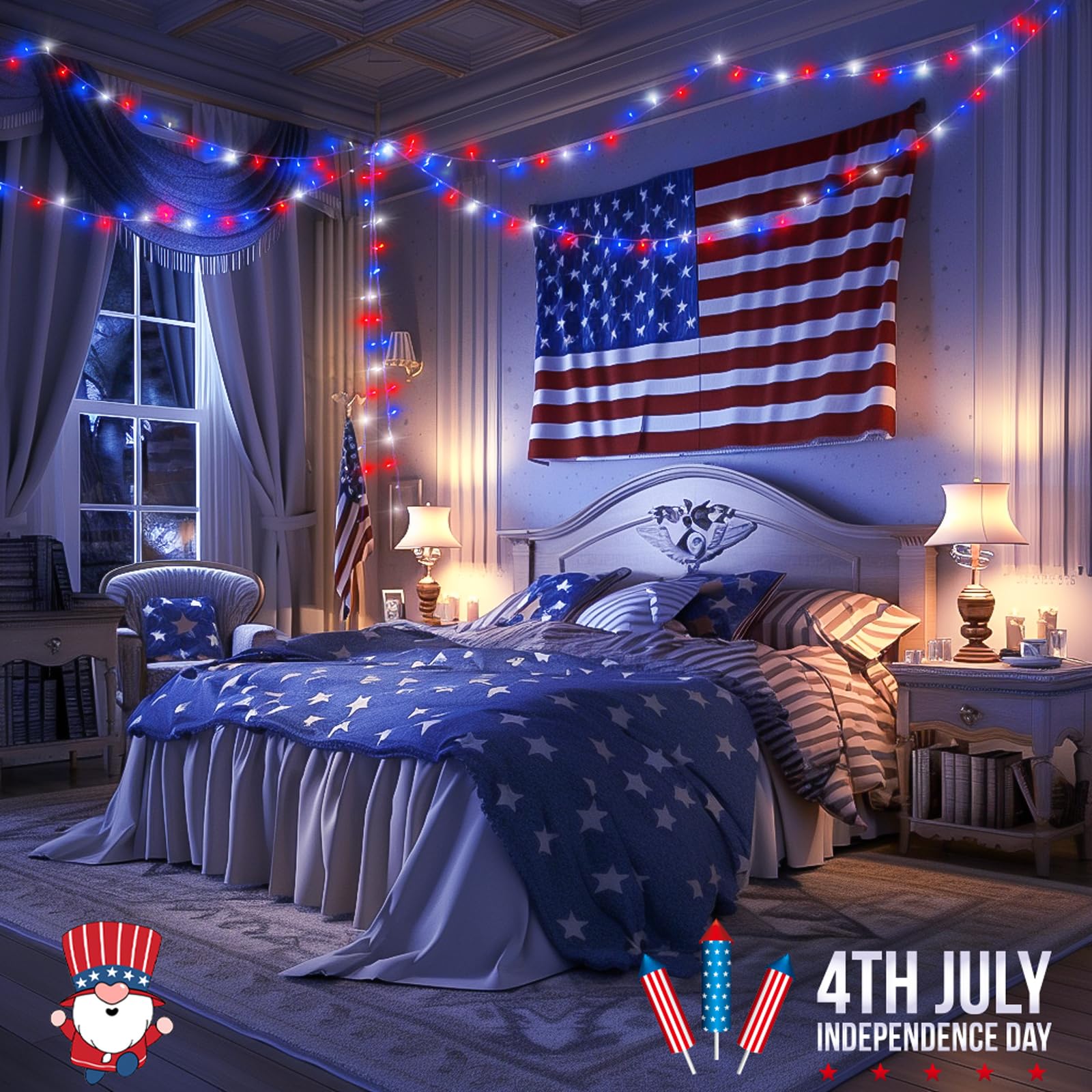 JMEXSUSS Patriotic 4th of July LED String Lights - 33ft Red White Blue Outdoor/Indoor Decorations, 100 LED Plug-in Lights with 8 Lighting Modes for Independence Day, American Flag, Backyard, Party, and Holiday Celebrations