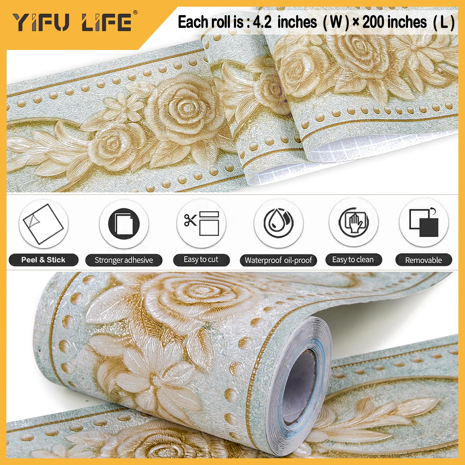 3D Elegant Royal Rose Green Flower Peel and Stick Wallpaper Border - Waterproof Self-Adhesive Wall Decoration for Bathroom, Kitchen, Ceiling (4.2