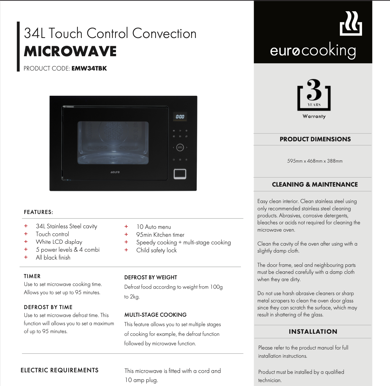 Euro Appliances EMW34TBK 34L Black Touch Control Convection Microwave Oven - Compact Countertop Design for Small Kitchens, Dorms & RVs - Ex Display Discount