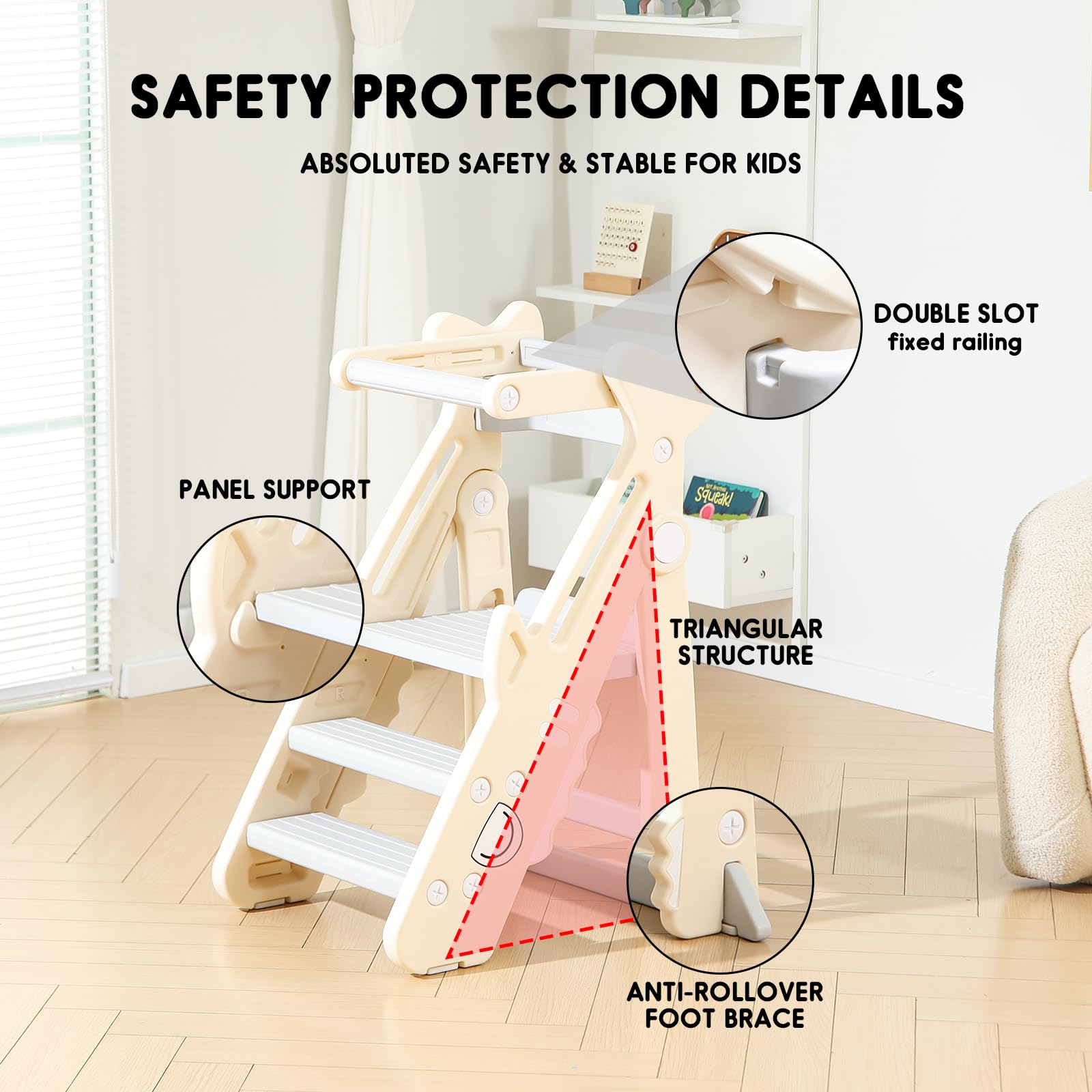 Foldable Toddler Kitchen Step Stool with Adjustable Height & Safety Rail - Anti-Drop Standing Tower Helper for Cooking, Baking & Learning Activities