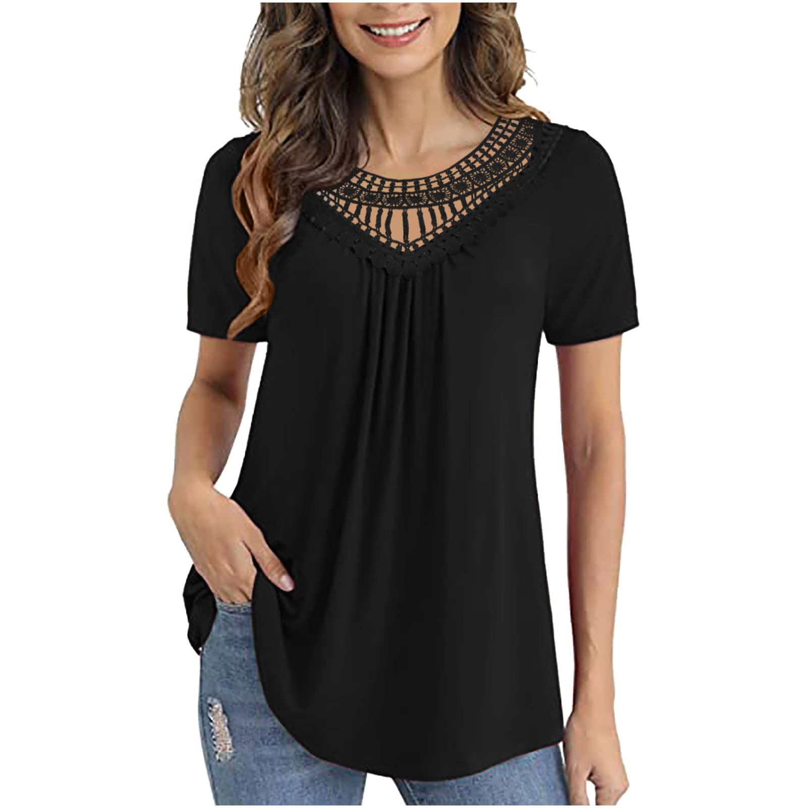 Women's Crochet Lace Trim Blouse - Elegant Short Sleeve Crewneck Tunic Top for Summer | Casual & Dressy Pleated T-Shirt | Perfect for Office, Date Night & Beach Outings
