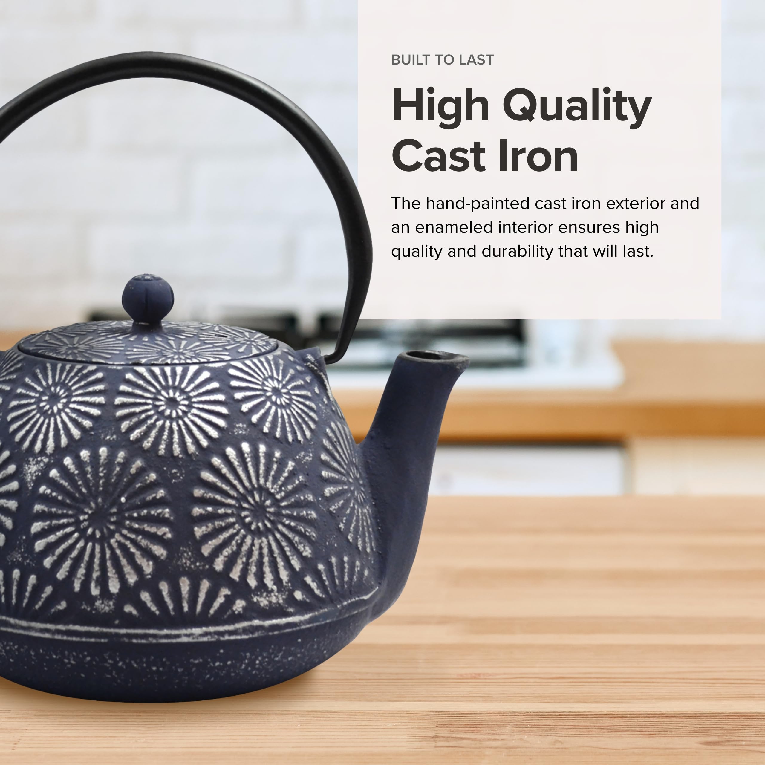 Frieling Hani Blue/Silver Cast Iron Teapot with Stainless Steel Infuser - 40 oz Japanese Style Tea Pot for Loose Leaf Tea - Perfect for Home, Office & Tea Ceremonies
