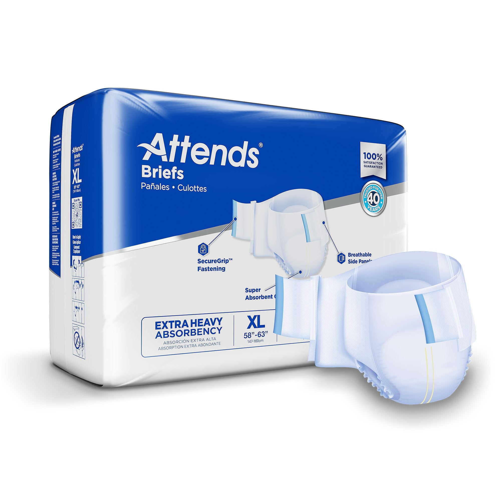 Attends Extra Heavy Absorbency Adult Briefs - X-Large (58-63 Inch Waist) for Maximum Protection - Ideal for Overnight Use, Post-Surgery Care & Incontinence Management