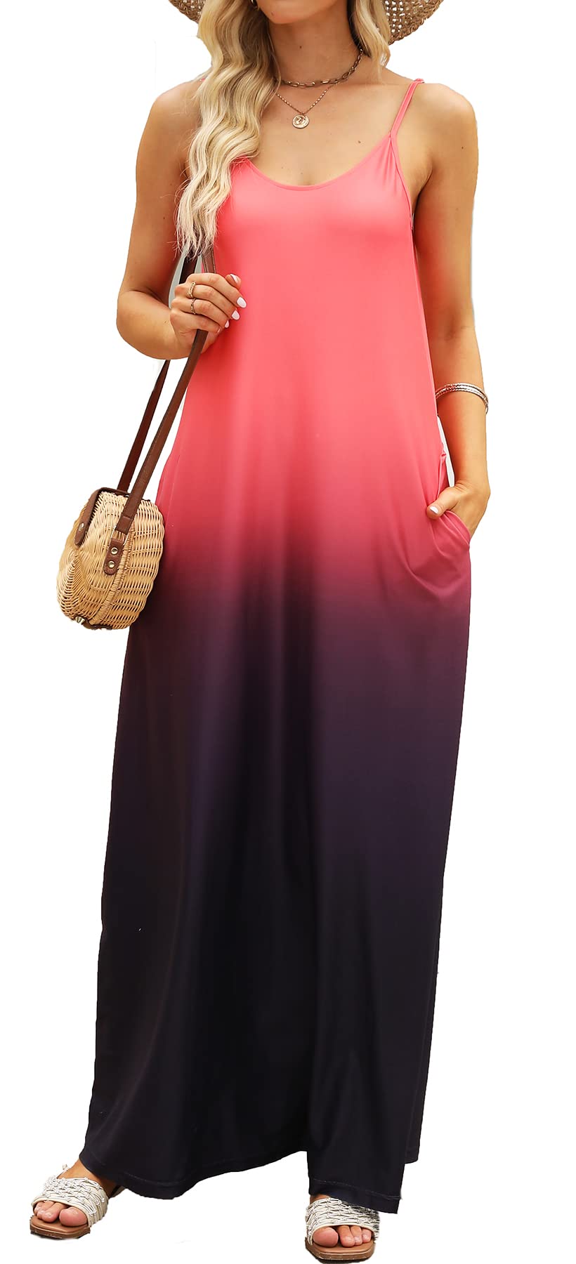 Supnier Women's Floral Printed Bohemian Summer Maxi Dress with Pockets - Spaghetti Strap Casual Long Dress for Beach, Vacation & Outdoor Parties