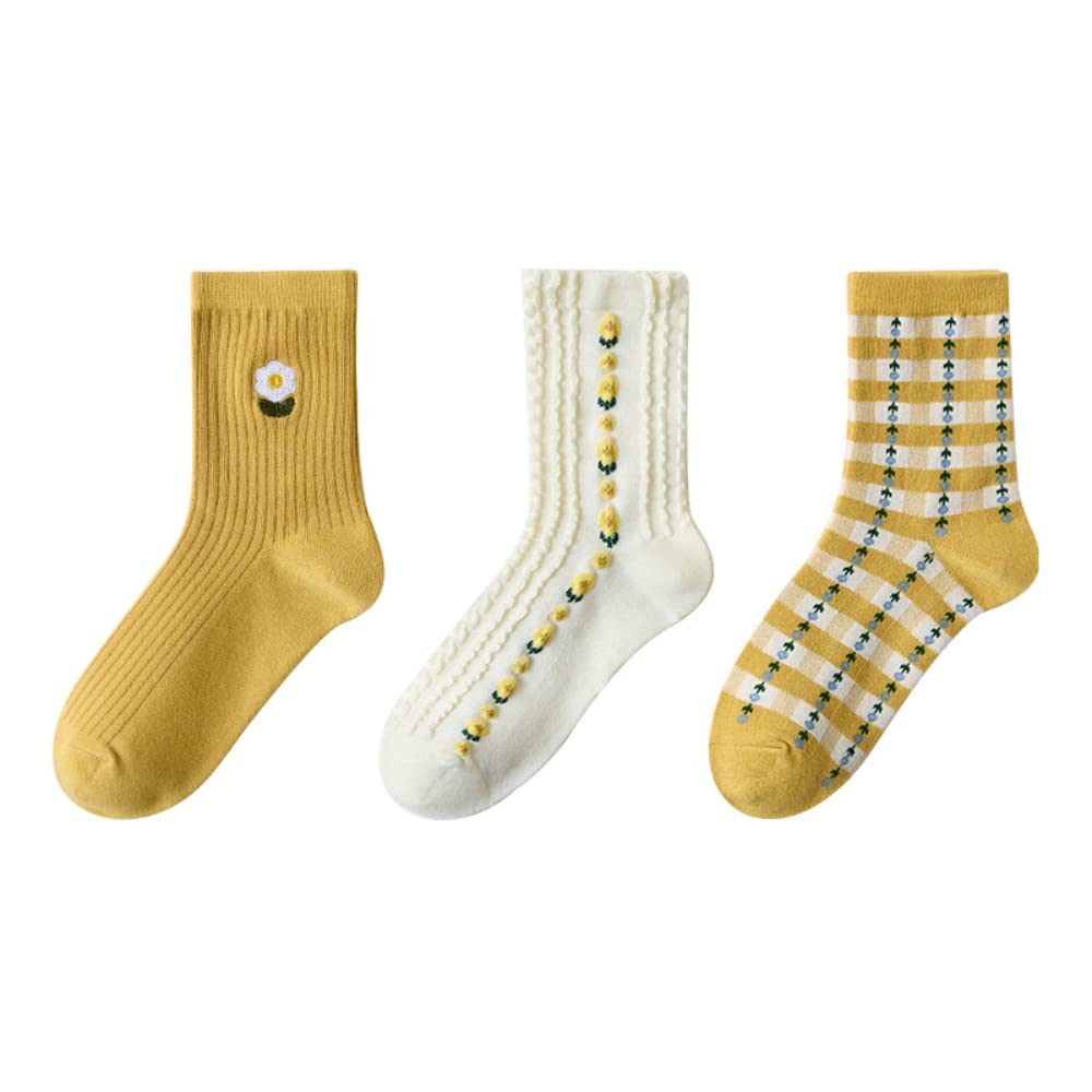 Nigeiyeme Women's 3-Pack Japanese Style Crew Socks - Cute Casual Cotton Socks with Soft Warm Fun Designs for Everyday Wear, Work & Home Comfort