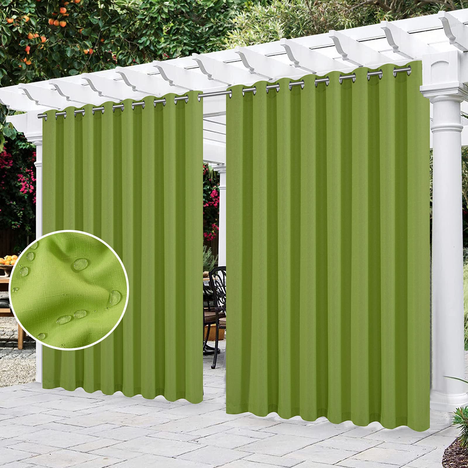 (2 Panels) Voday 110x120 Inch Faux Linen Waterproof Sun Blocking Curtains - Indoor/Outdoor Blackout Drapes with Rustproof Rings for Patio, Pergola, Cabana - Perfect for Privacy Protection & Sun Shade in Backyard, Poolside or Garden