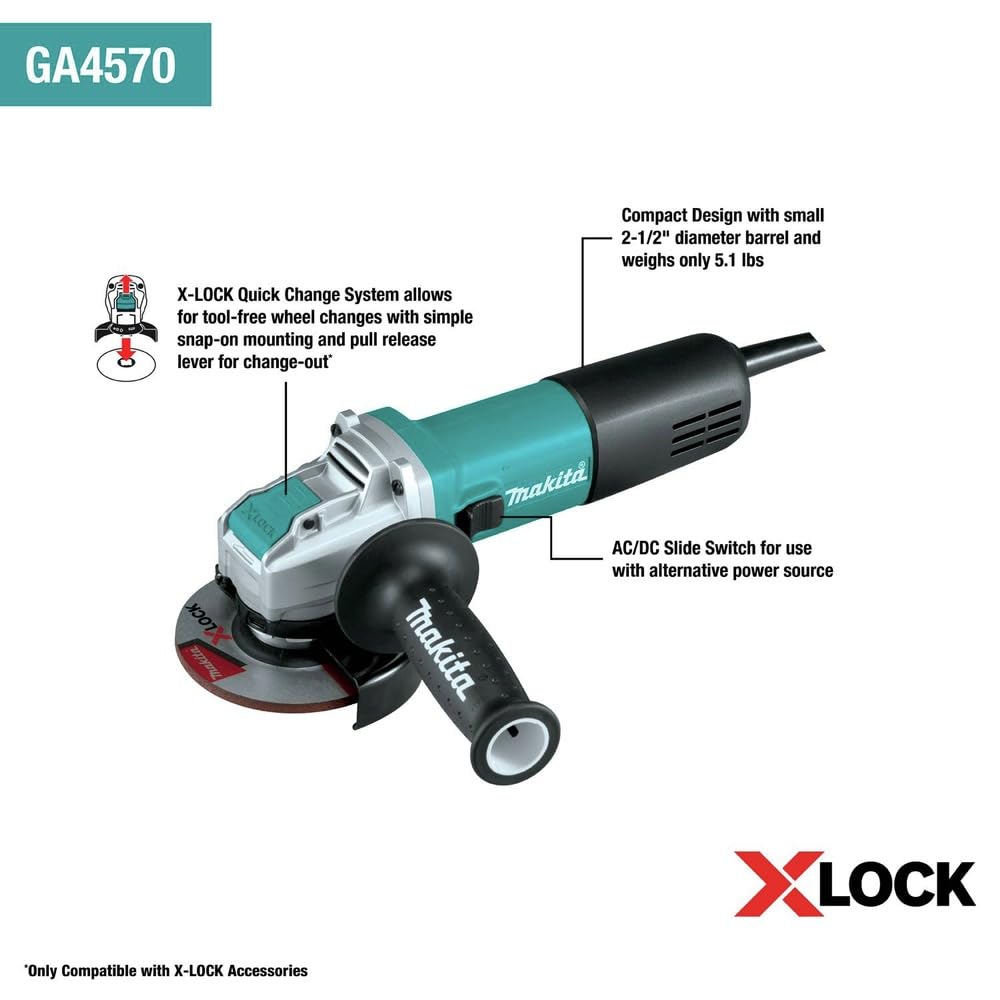 Makita GA4570-R 7.5 Amp 4-1/2 Inch Corded X-LOCK Angle Grinder - Renewed | Metal Cutting, Grinding & Polishing Tool for DIY & Professional Use