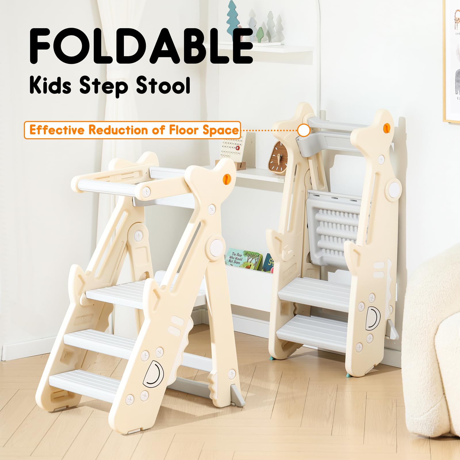 Foldable Toddler Kitchen Step Stool with Adjustable Height & Safety Rail - Anti-Drop Standing Tower Helper for Cooking, Baking & Learning Activities